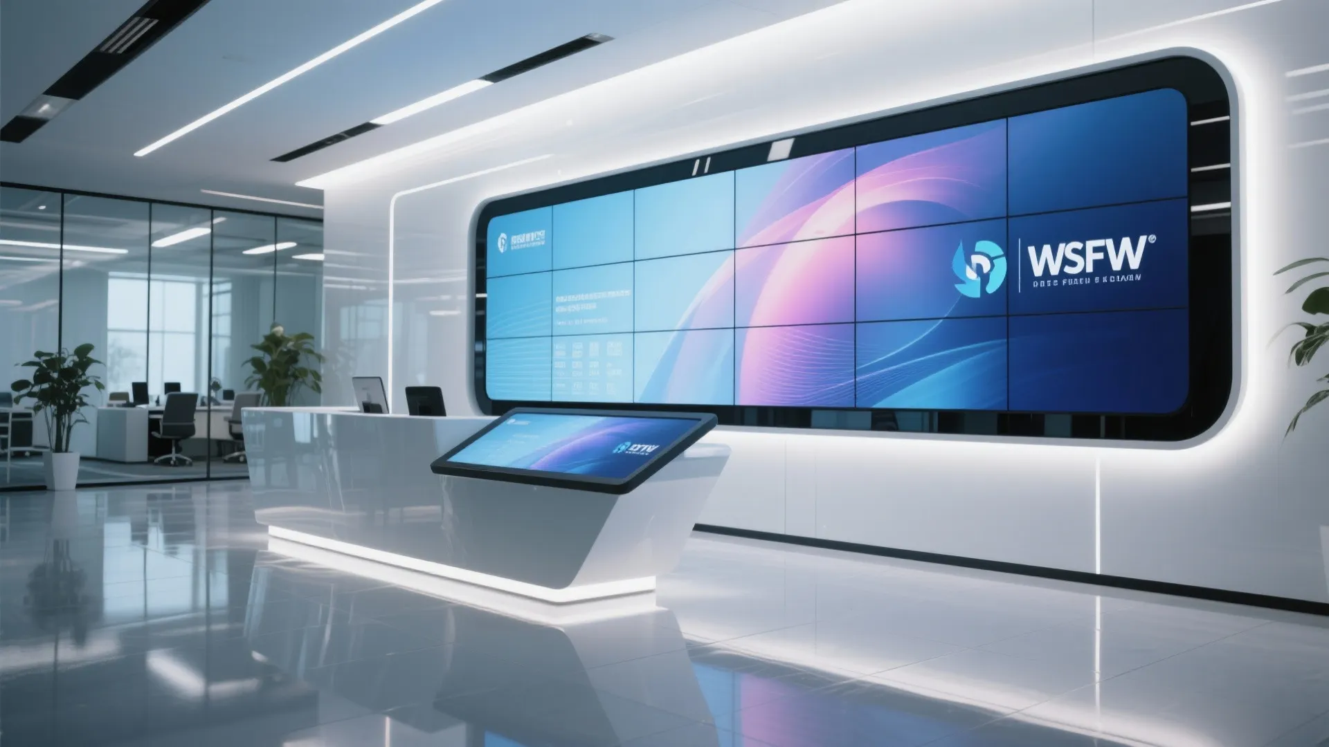 Futuristic office lobby with large digital screen wall showing logo beside a white reception desk