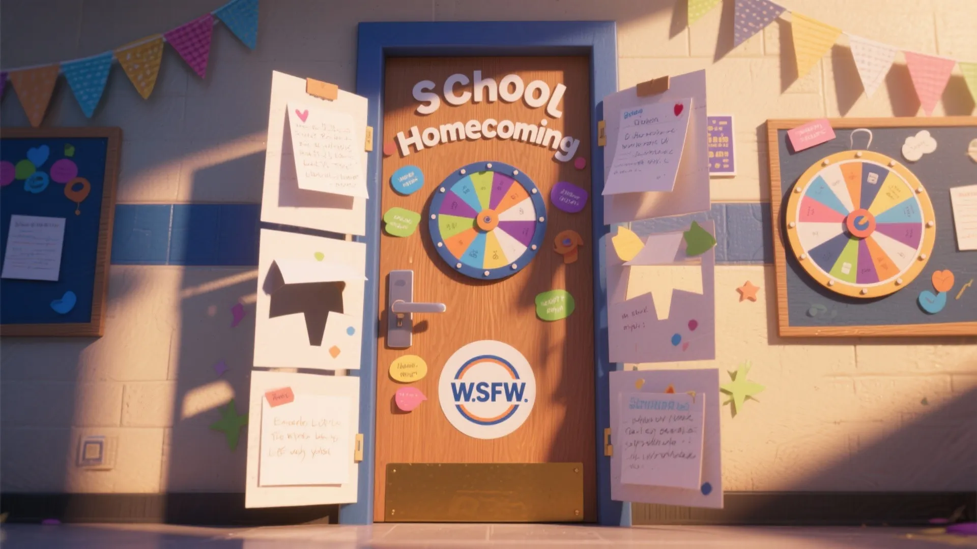 Homecoming door with interactive flaps, wheels, and message sections