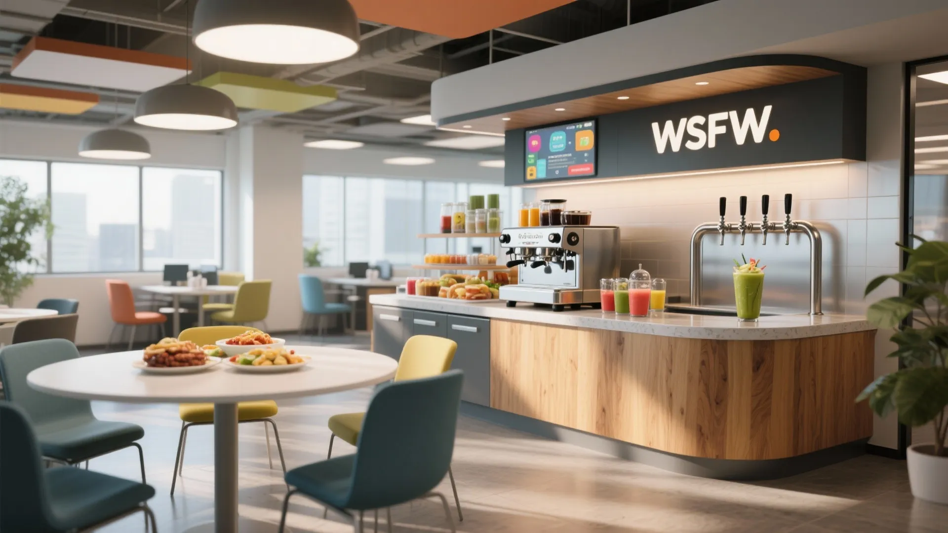 Office cafeteria snack bar with coffee machine juice dispensers fresh fruit and round dining tables