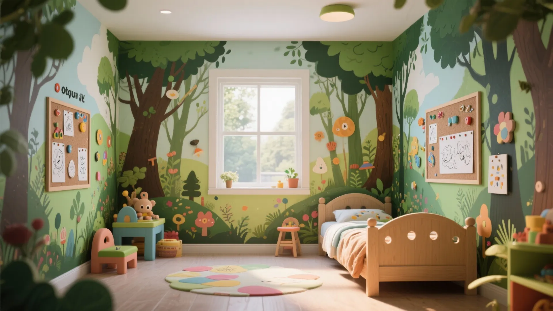 Children bedroom featuring forest wall murals with a wooden bed and a colorful round floor rug