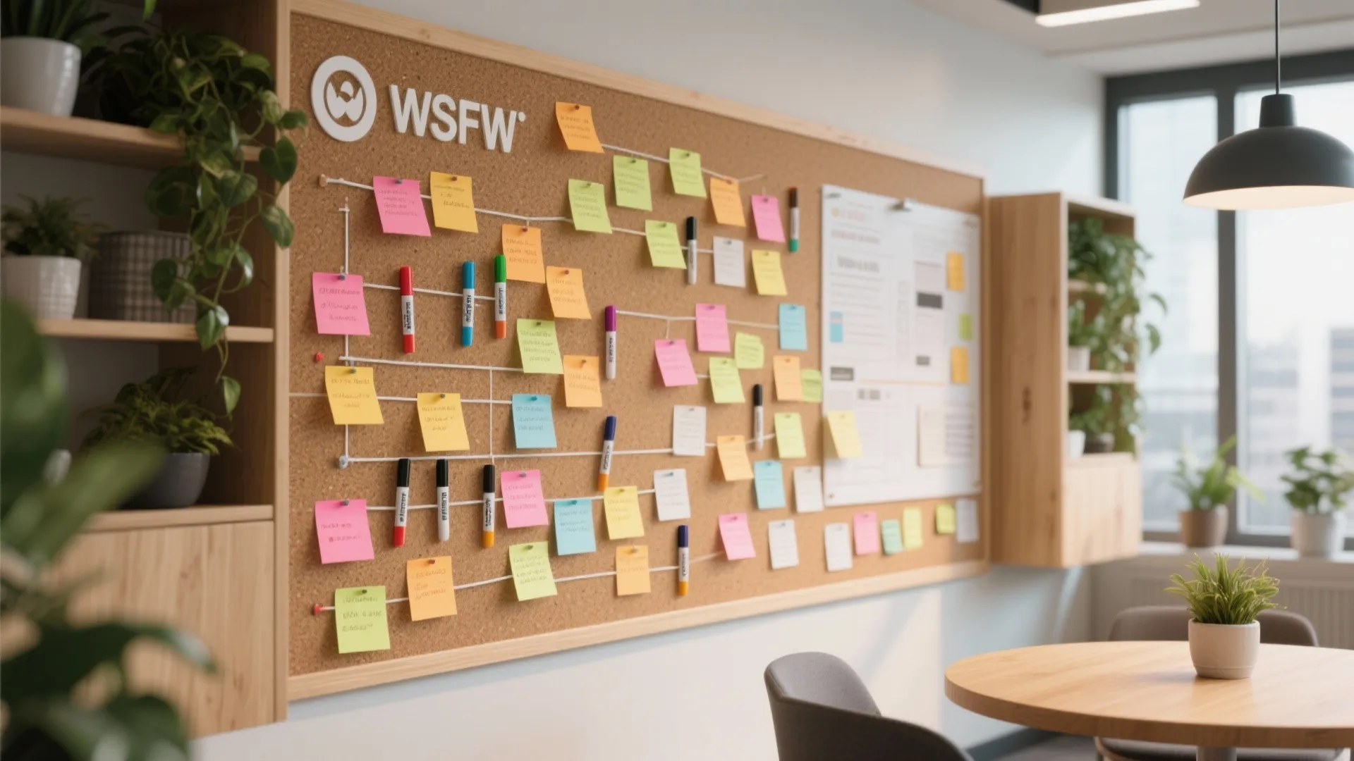 Interactive corkboard with colorful notes in break room
