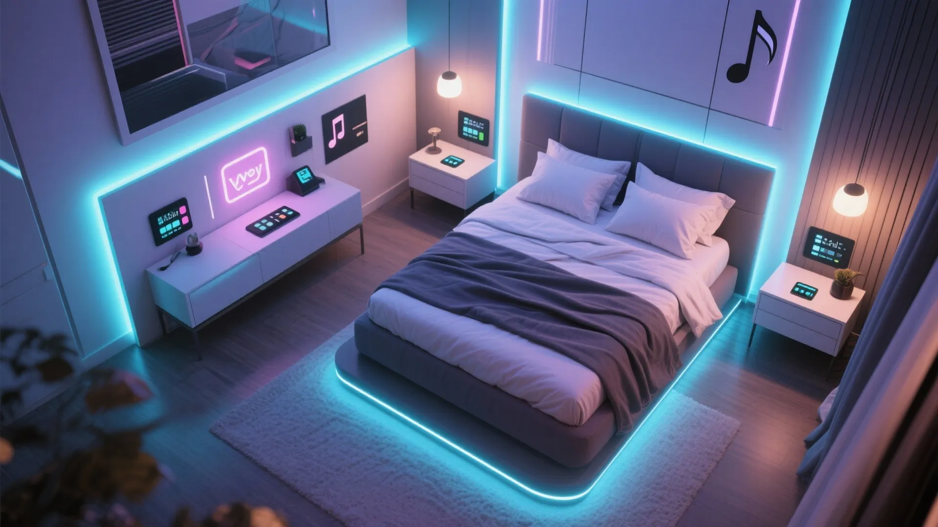 Modern bedroom with colorful LED light strips around bed and walls in blue and purple