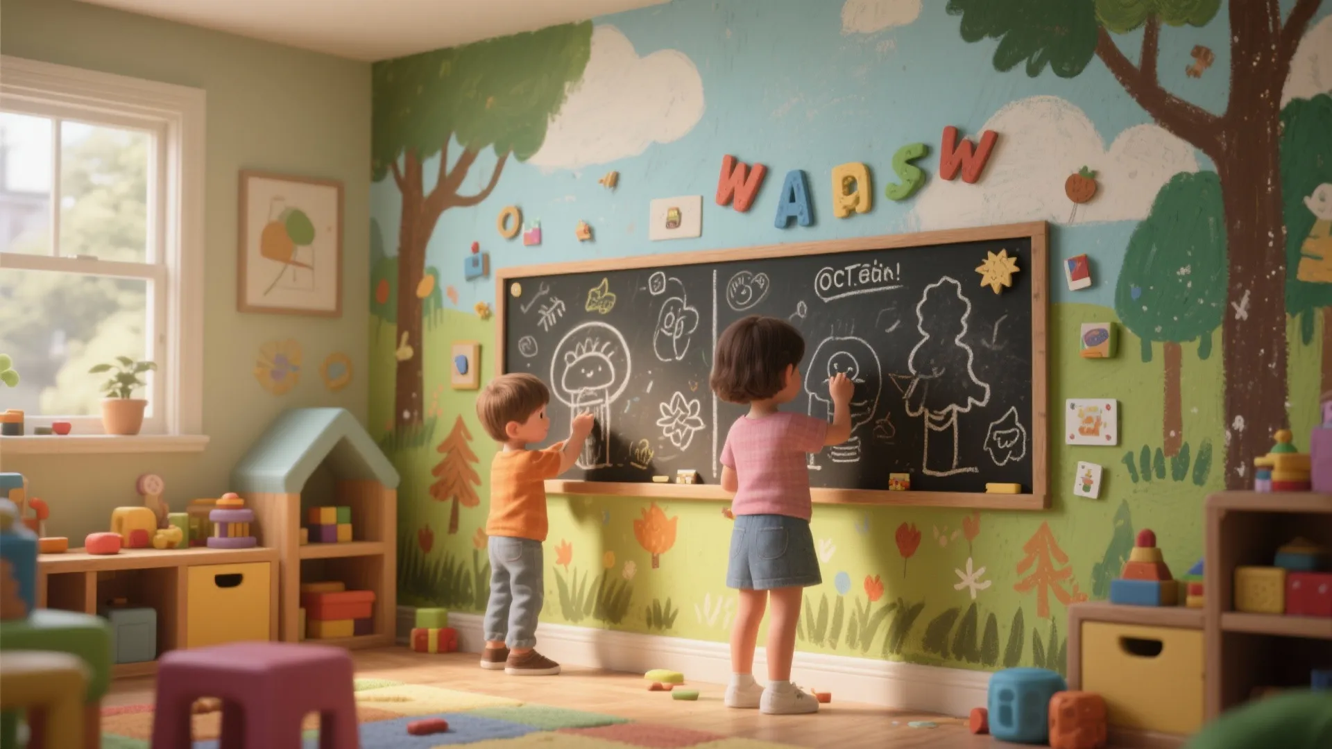 Playful mural combining hand-painted scenery with chalkboard and magnetic sections in a family area.