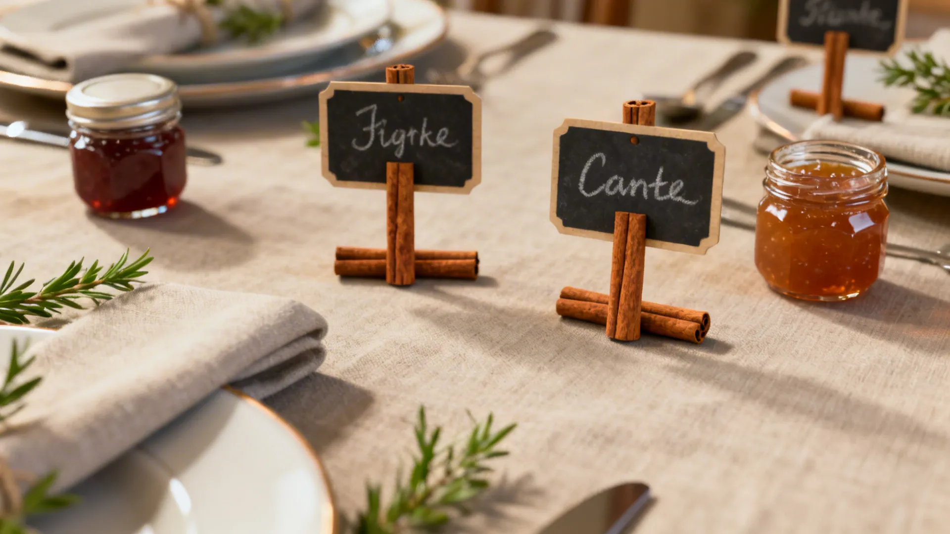 Small blackboards held by cinnamon sticks on a table with glass jars and folded napkins