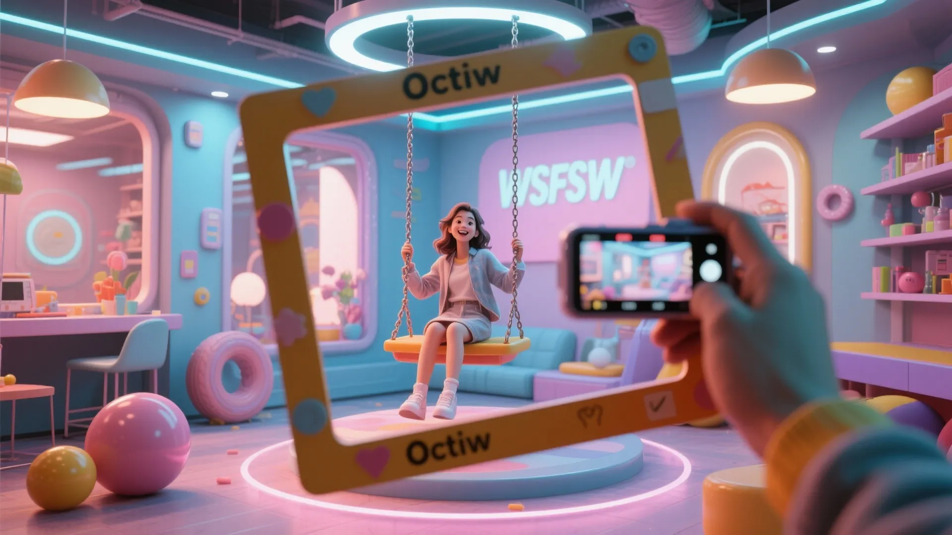 Swing seat and handheld frame in small selfie corner