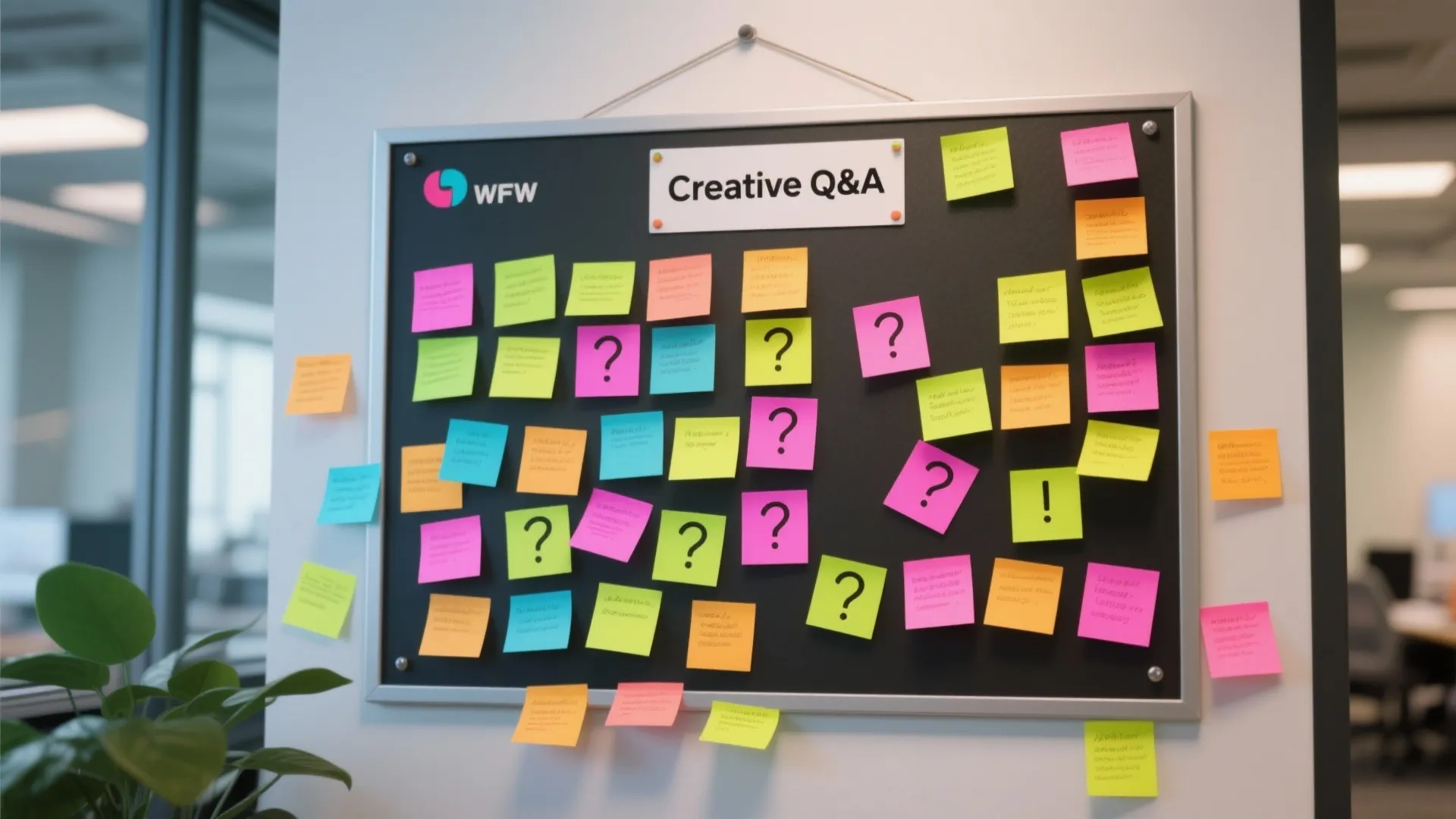 Black wall board covered in many colorful sticky notes with question marks in modern office