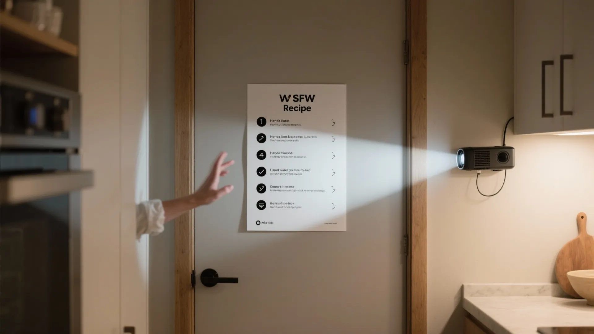 Projector mounted under a cabinet displaying a recipe list on a wall for easy reading
