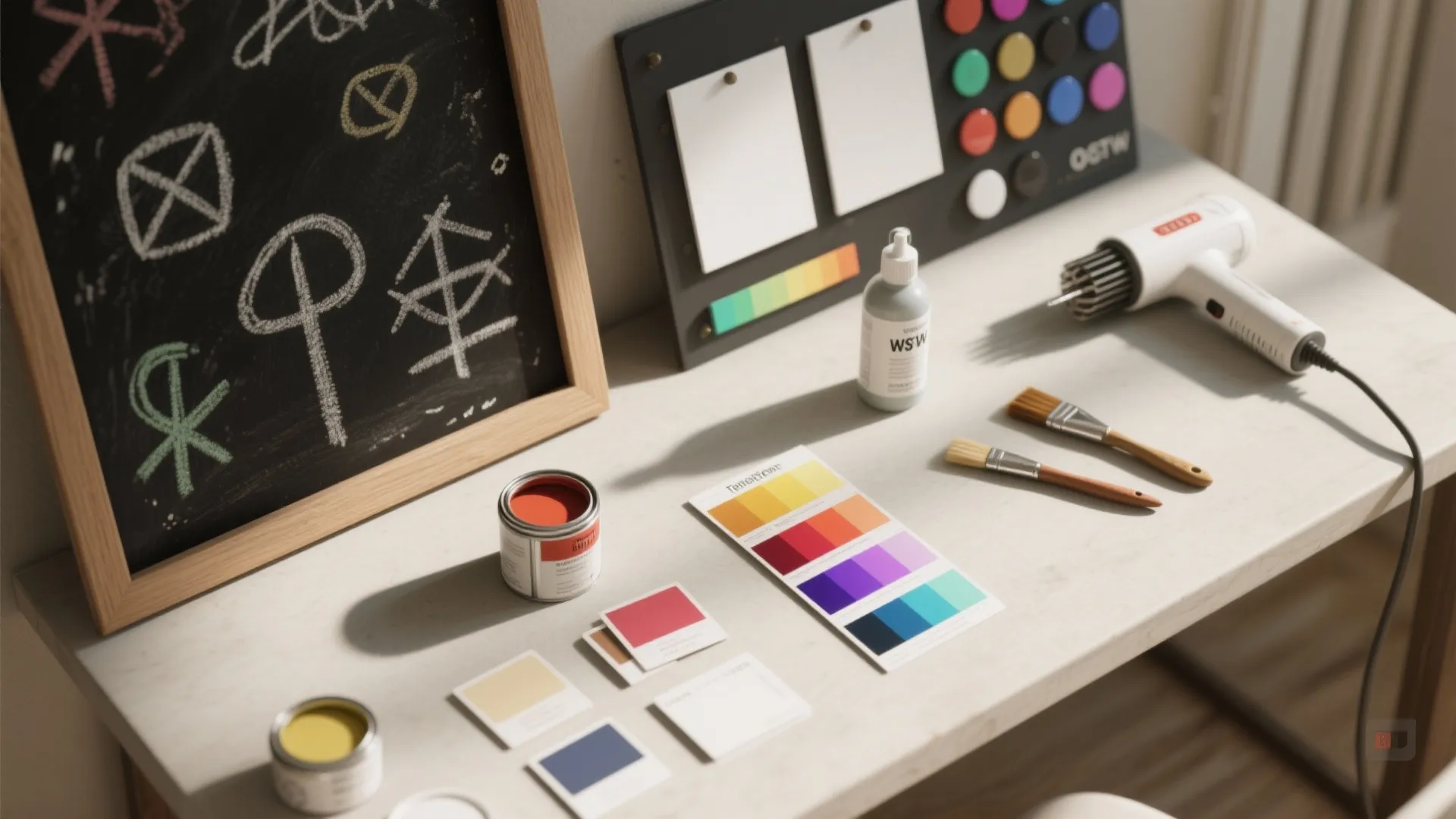 Work desk with paint cans color cards brushes small hair dryer and a black chalkboard