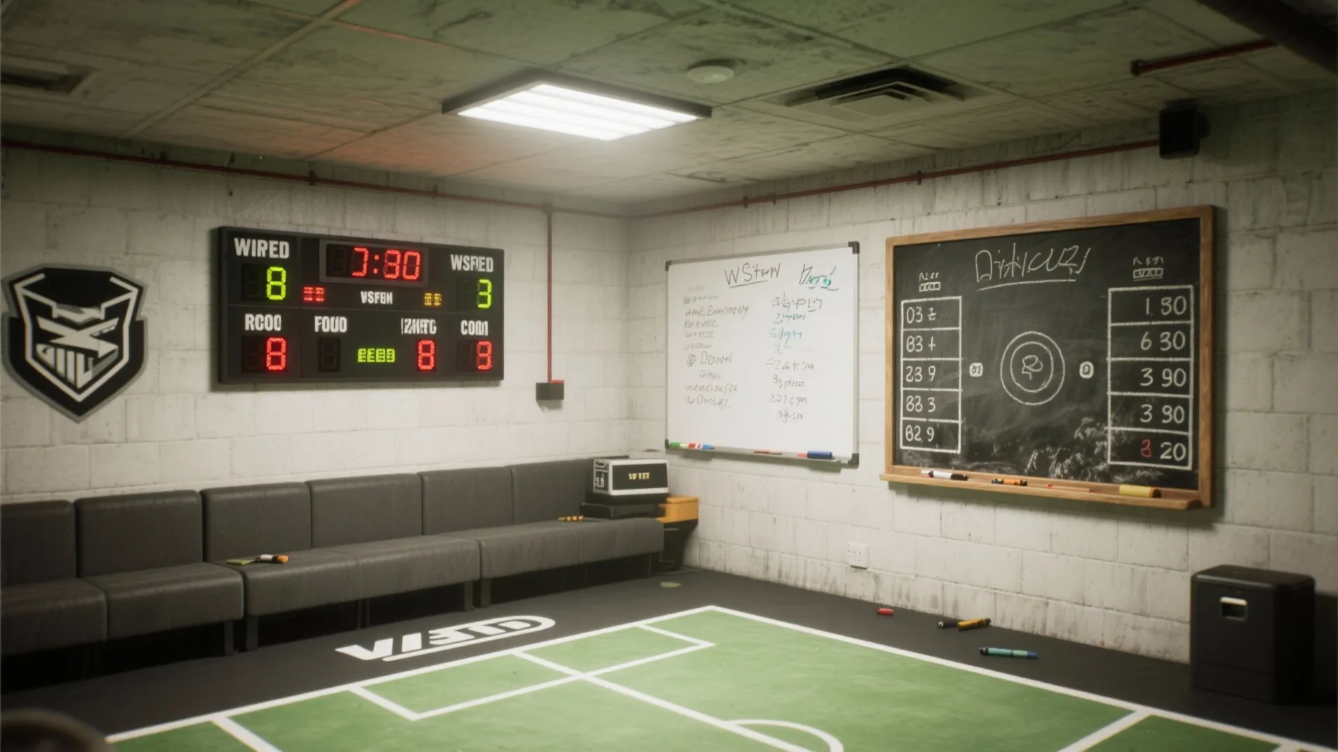 Basement with digital scoreboard and chalkboard for sports tracking.