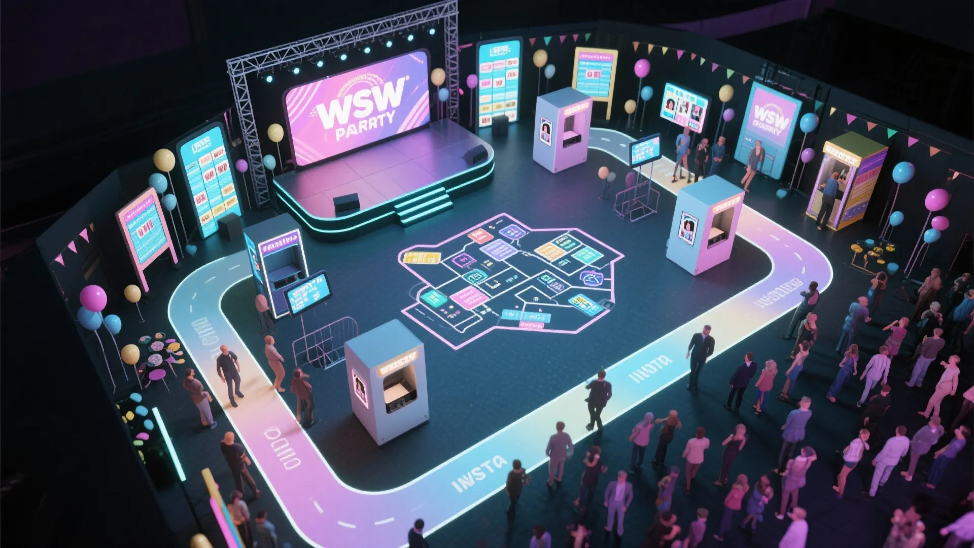 Modern event hall layout with digital screens booths neon paths and people in a dark room