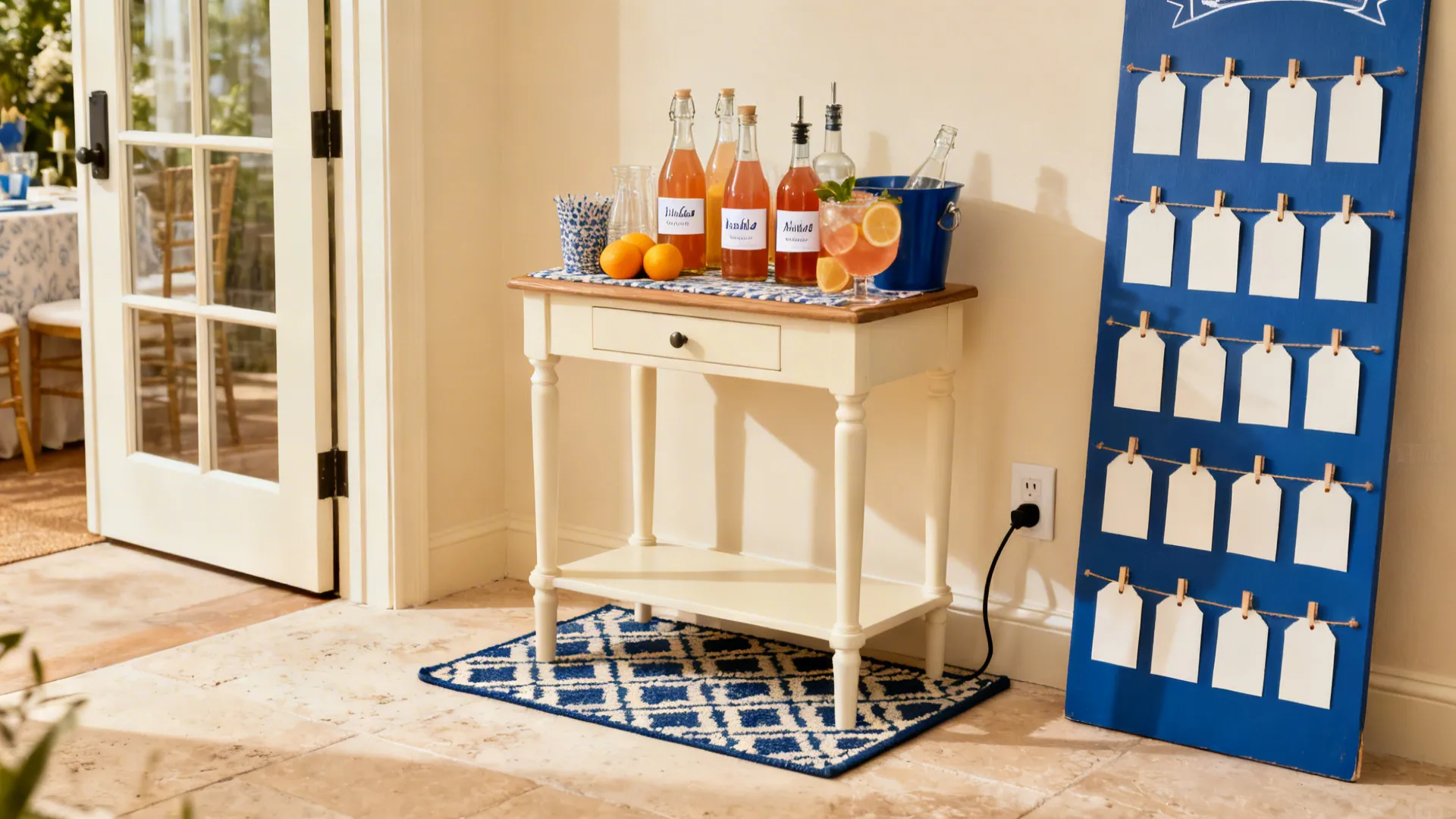 Compact DIY bar with citrus and a nearby wish wall station in a small living space.