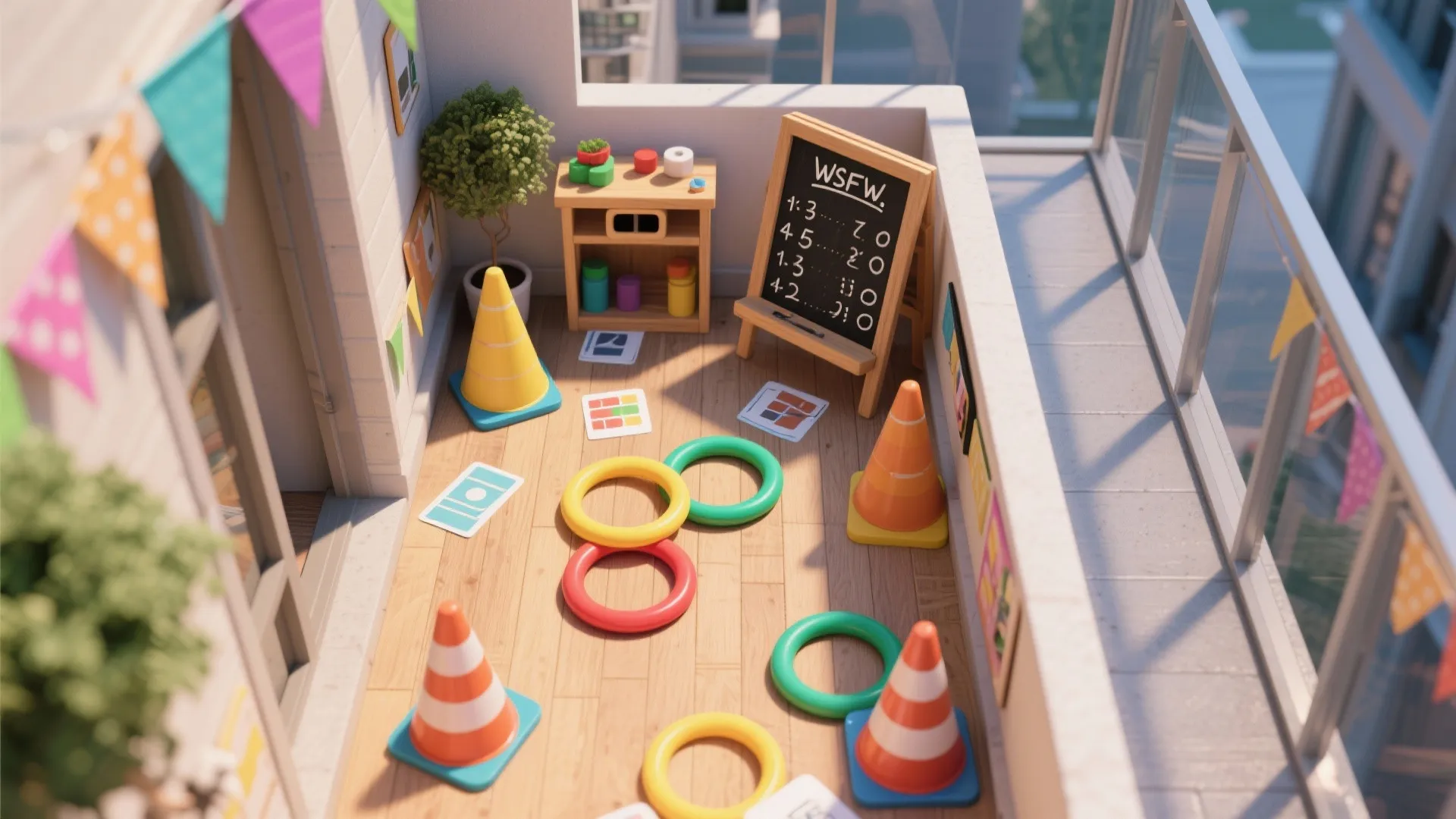 Outdoor balcony transformed into a kids play area with orange cones rings and small blackboard