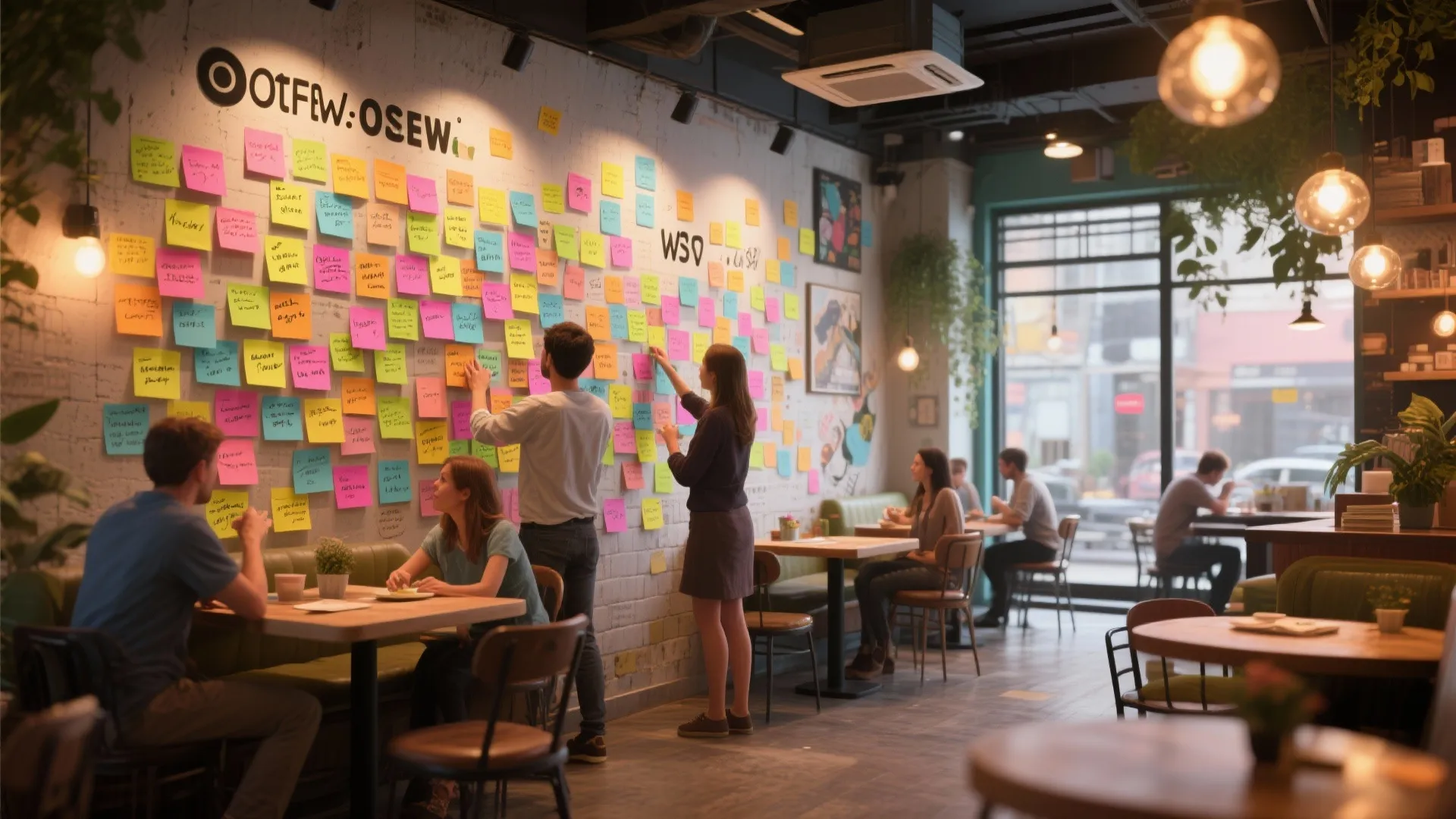 Modern cafe interior with people sitting at tables and many colorful notes on the wall
