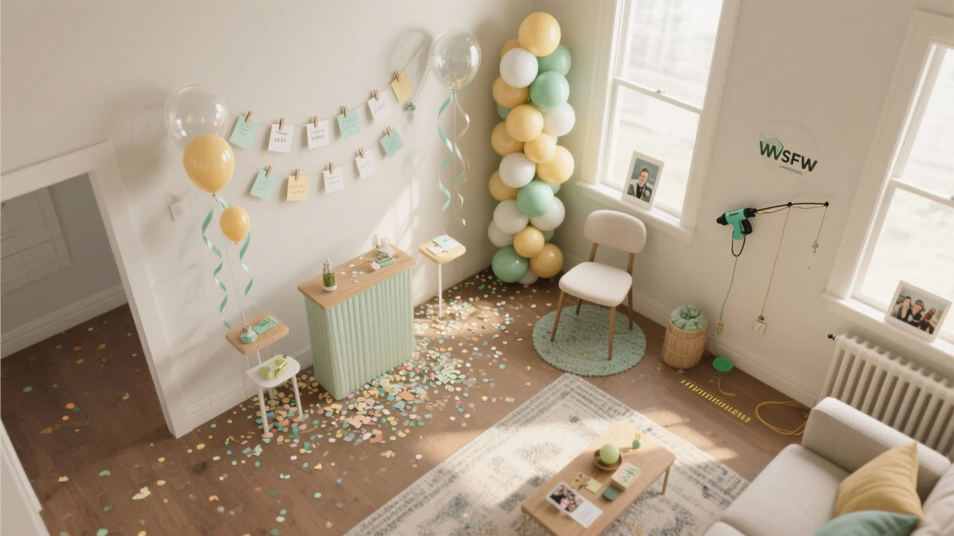 Top view of a decorated living room with balloons confetti small tables and white chair