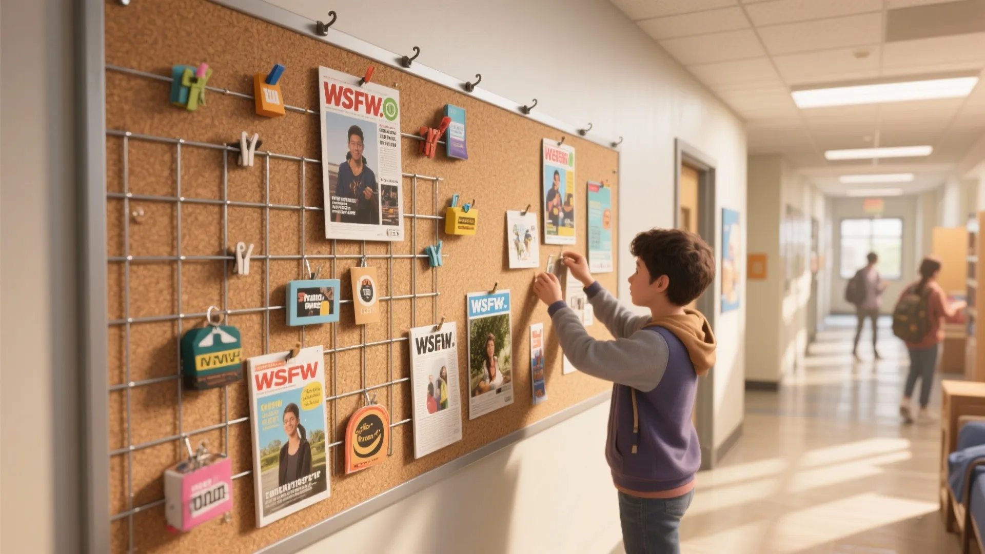 Young boy pinning papers on a cork board with a metal grid in school hallway