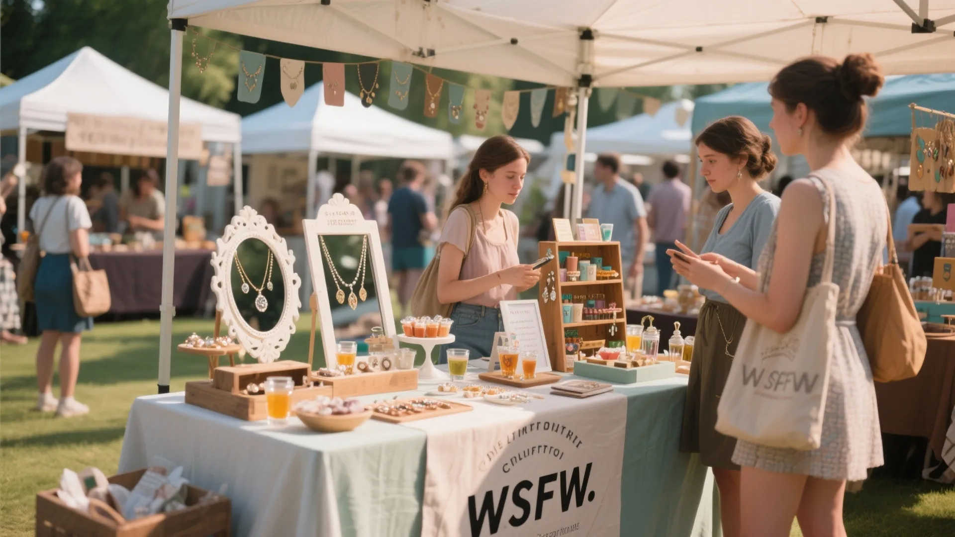 Vendor table with interactive demos and sample stations engaging shoppers