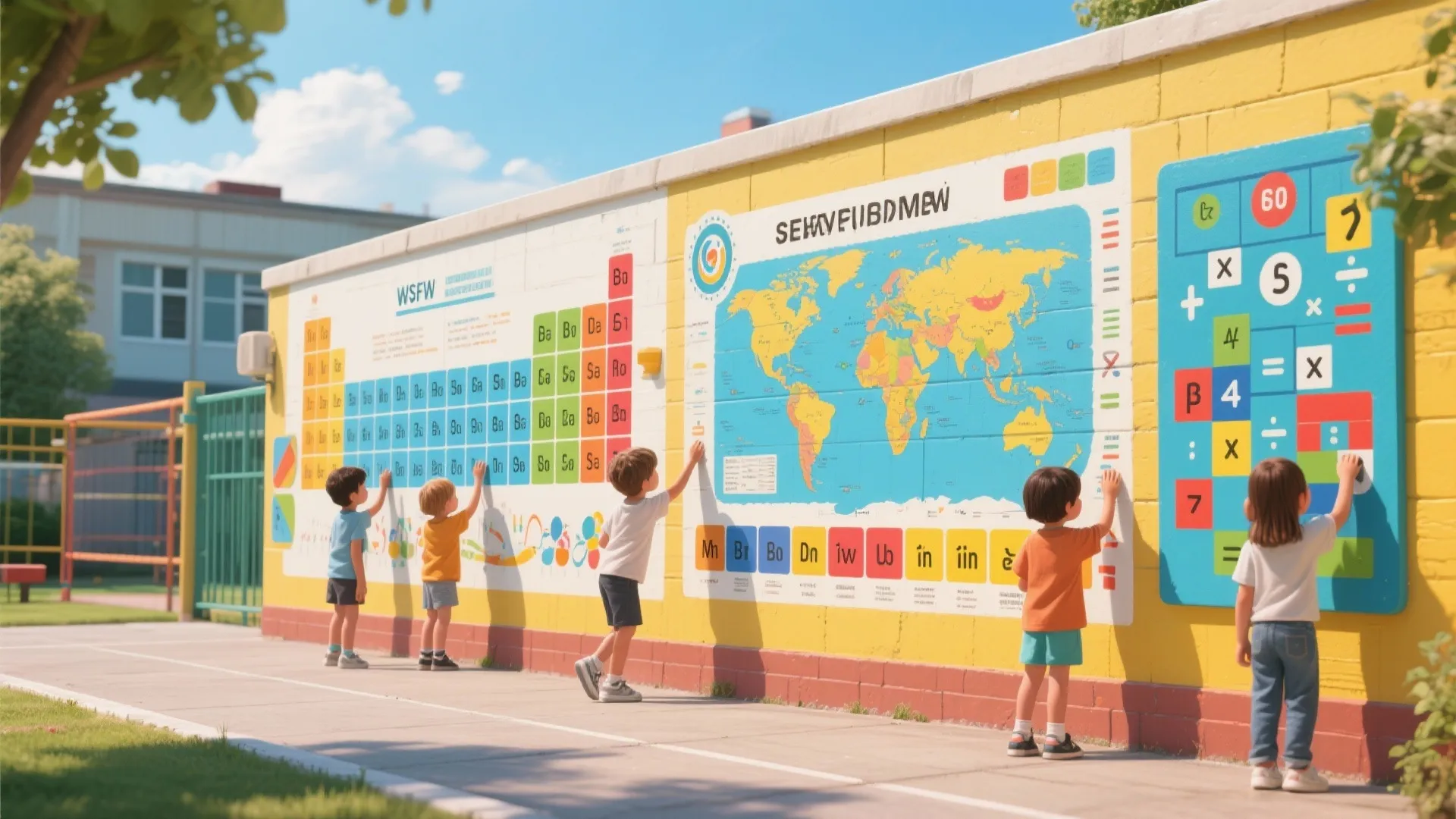 Outdoor school wall with educational panels students can use