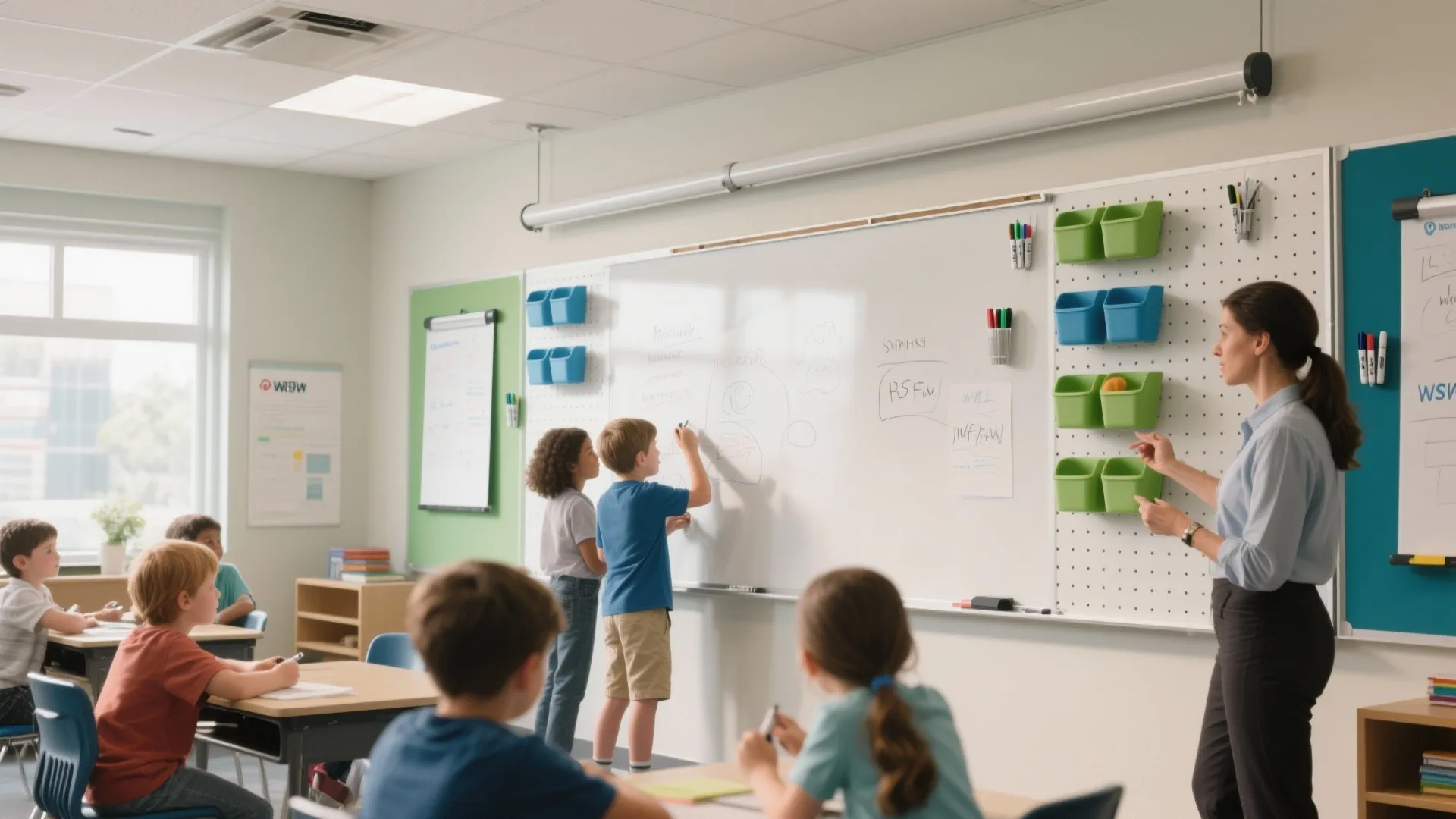 Teacher and students using large white board with green storage bins in a bright classroom
