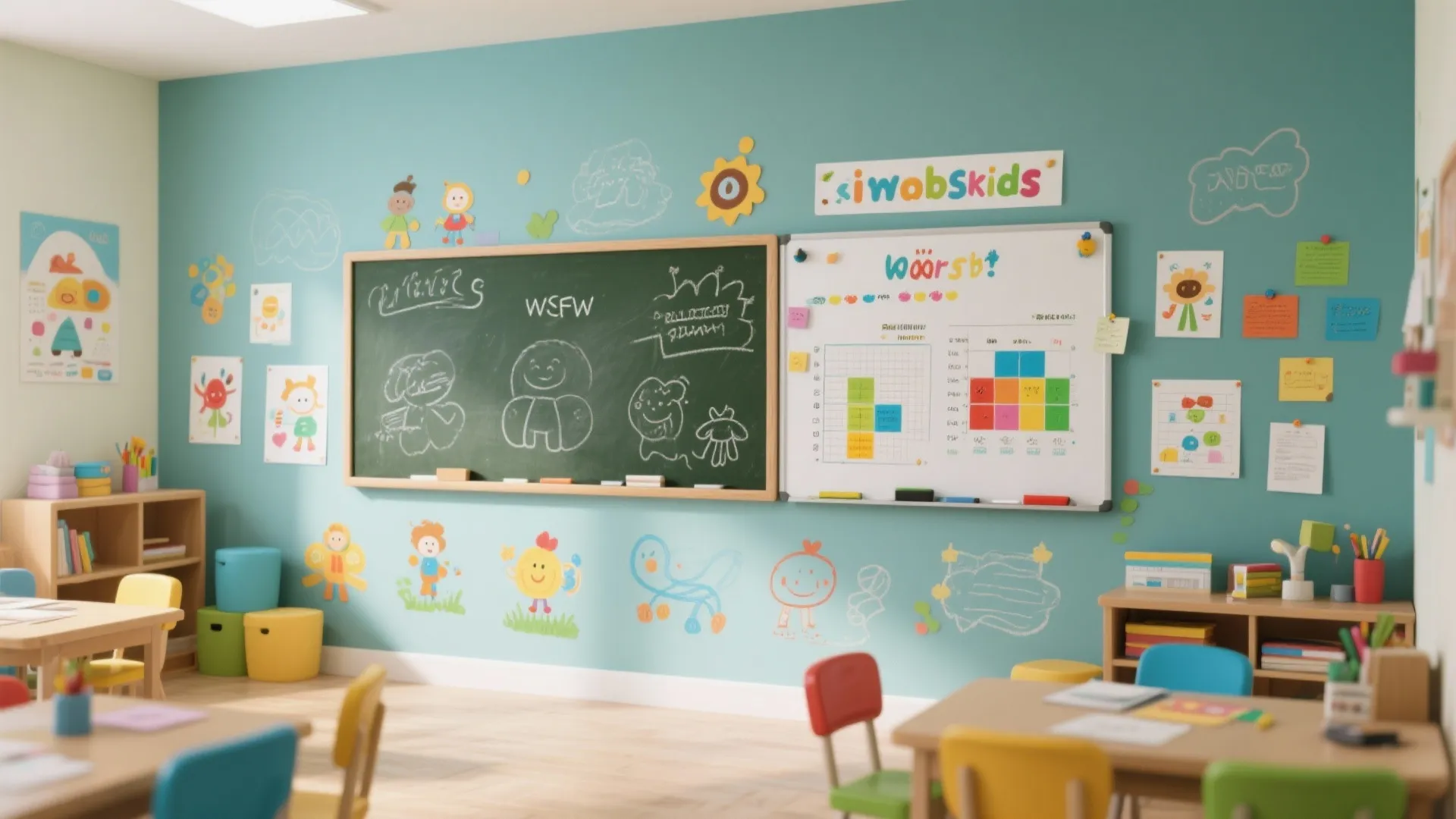 Colorful classroom with green walls featuring a chalkboard whiteboard small wooden tables and plastic chairs