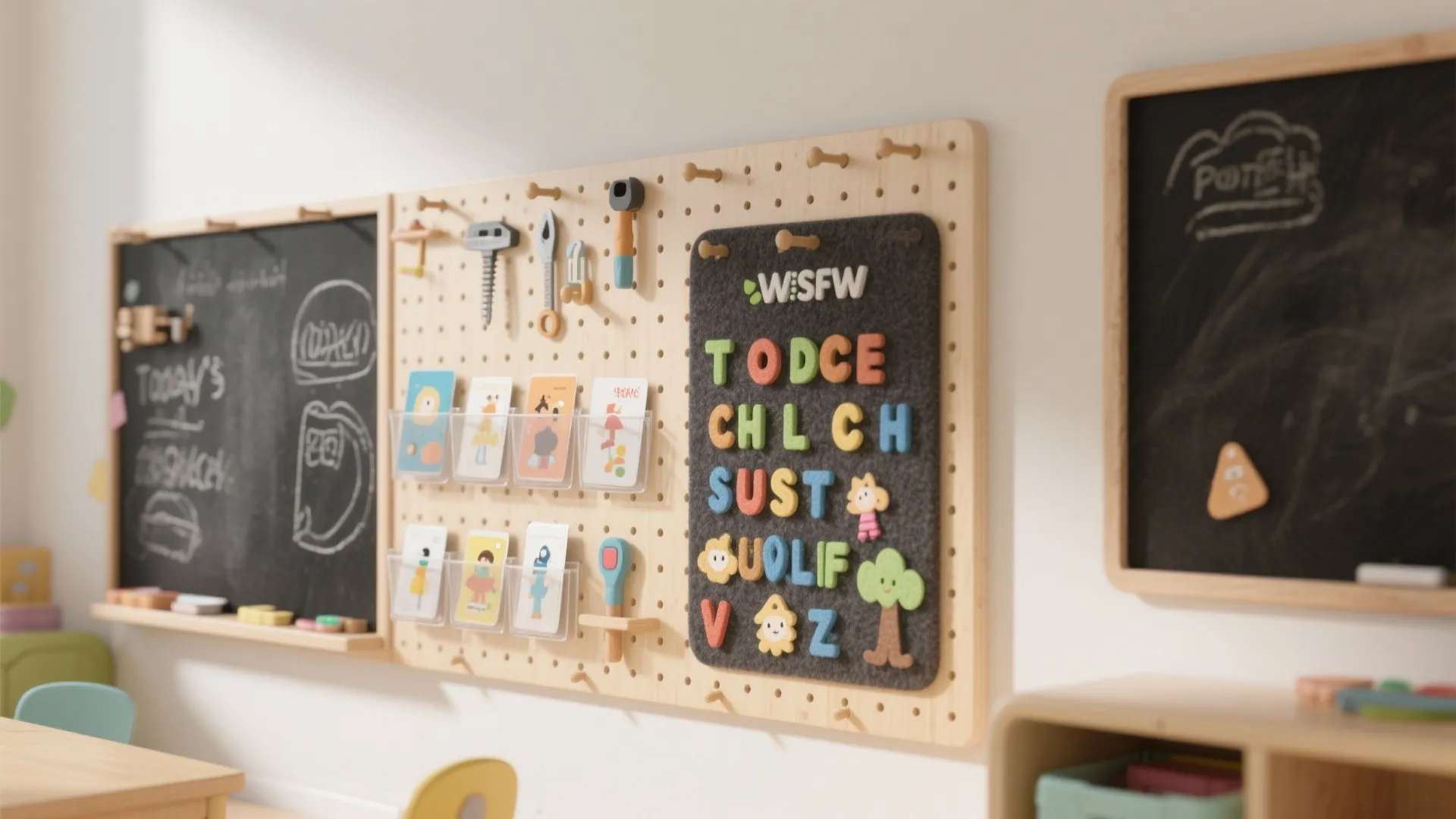 Wooden wall board with letters and toys next to blackboards in a creative learning space