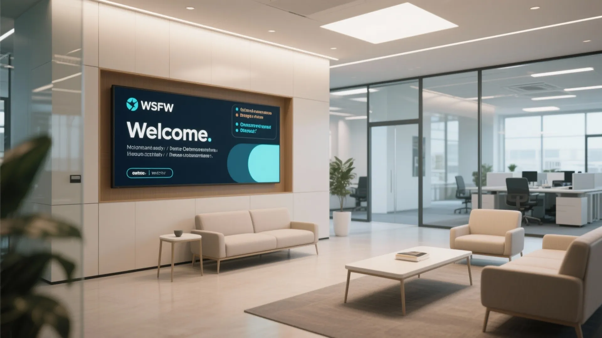 Office entryway with digital welcome board and sleek furniture