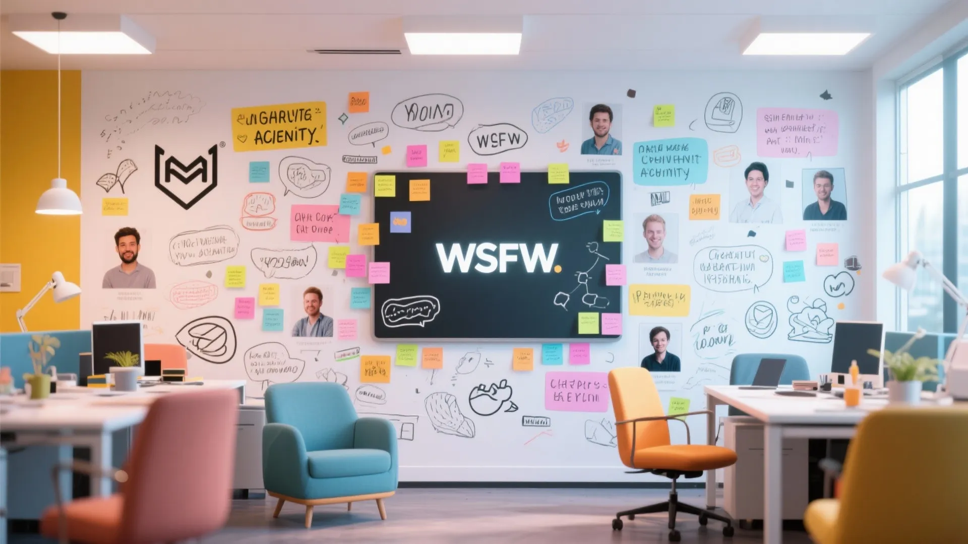 Modern office wall with sticky notes and photos behind colorful chairs and white work desks