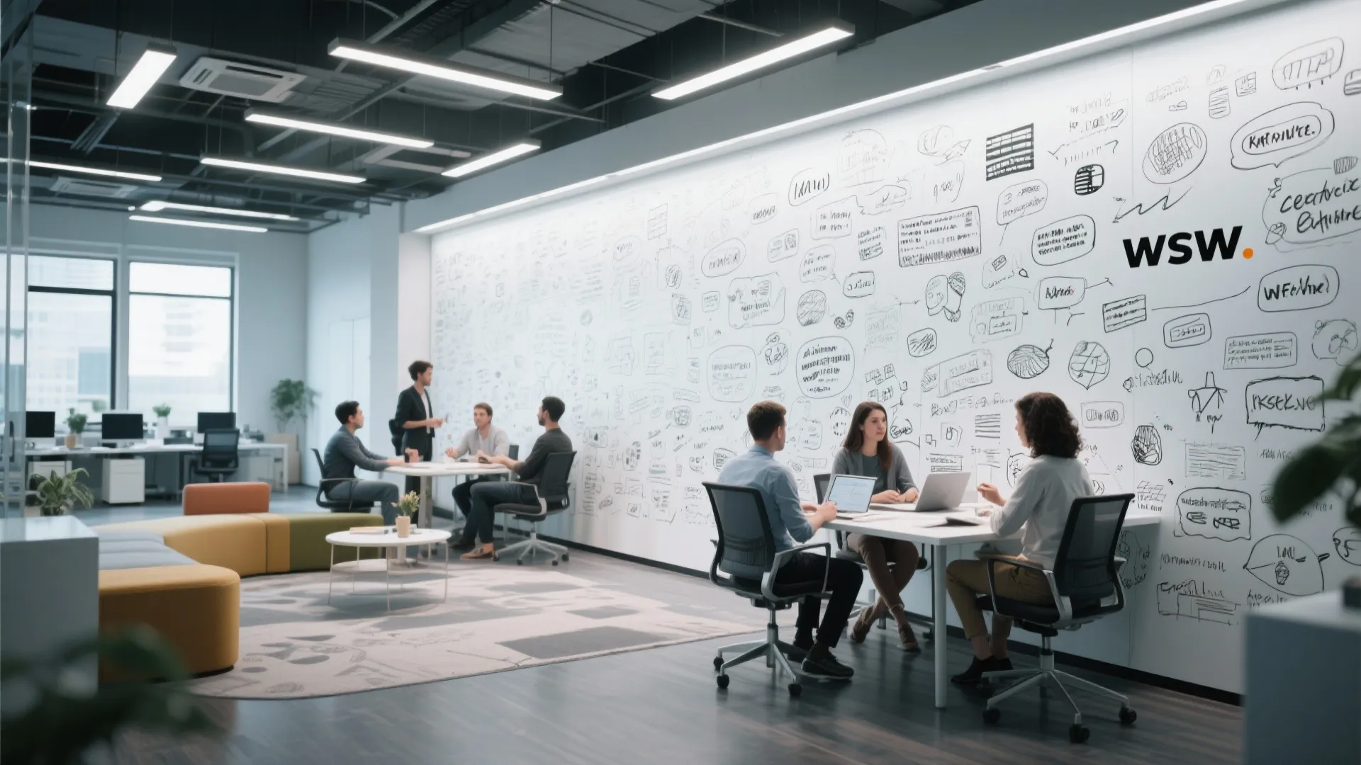 Open office space with people working at white tables next to a large whiteboard wall