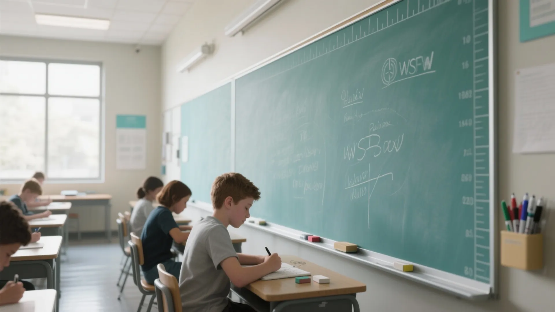 Students sitting at wooden desks writing in notebooks in front of a large green chalkboard