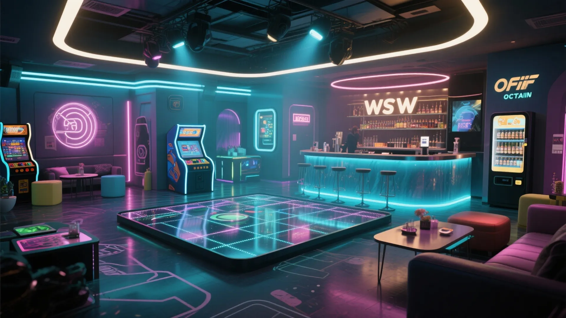 Interactive room with dance floor, games, and self-serve bar