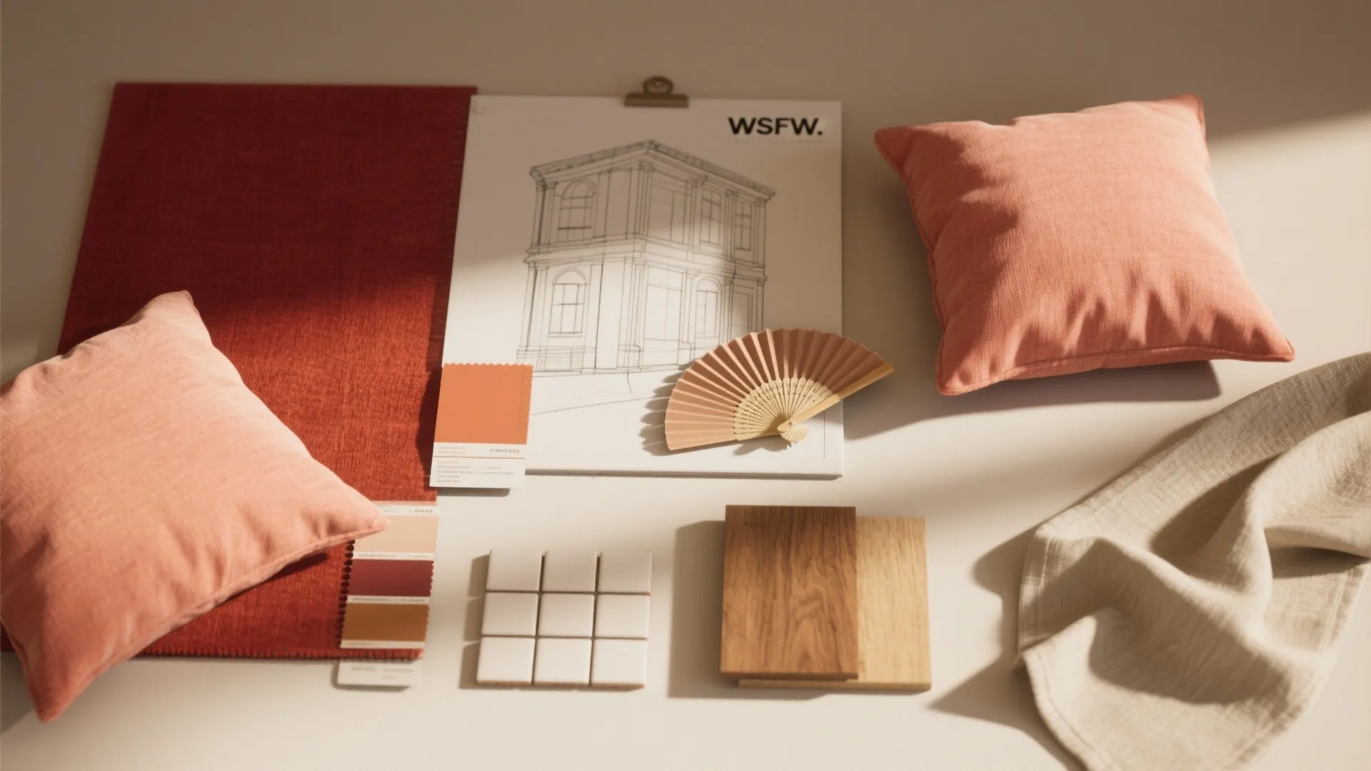 Interior design mood board with house drawing pink pillows wood samples and fabric color swatches