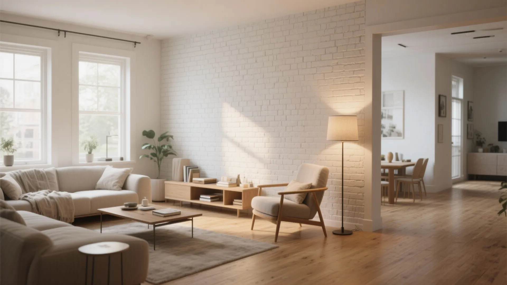 Open-plan living area featuring a light painted brick accent wall, airy furnishings and natural light.