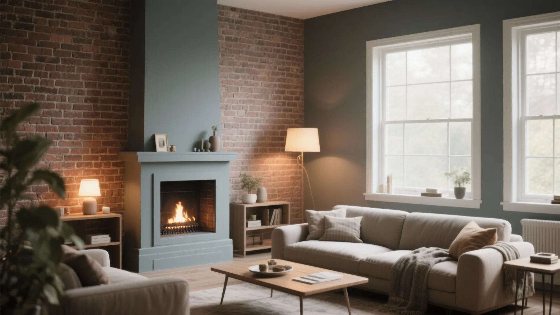 Cozy living room with brick wall blue fireplace white sofa wooden coffee table and floor lamp