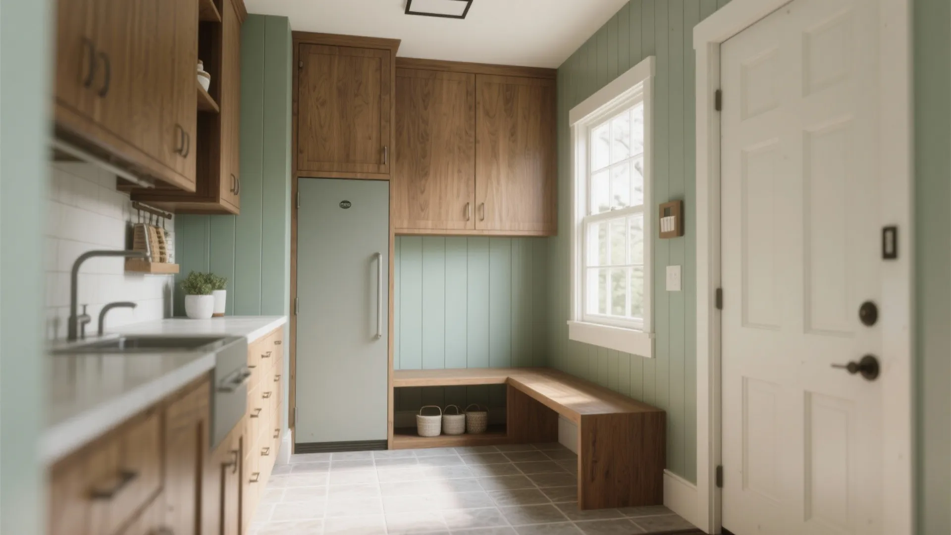 Modern mudroom with green wall panel wood cabinet wooden bench white door and tiled floor space