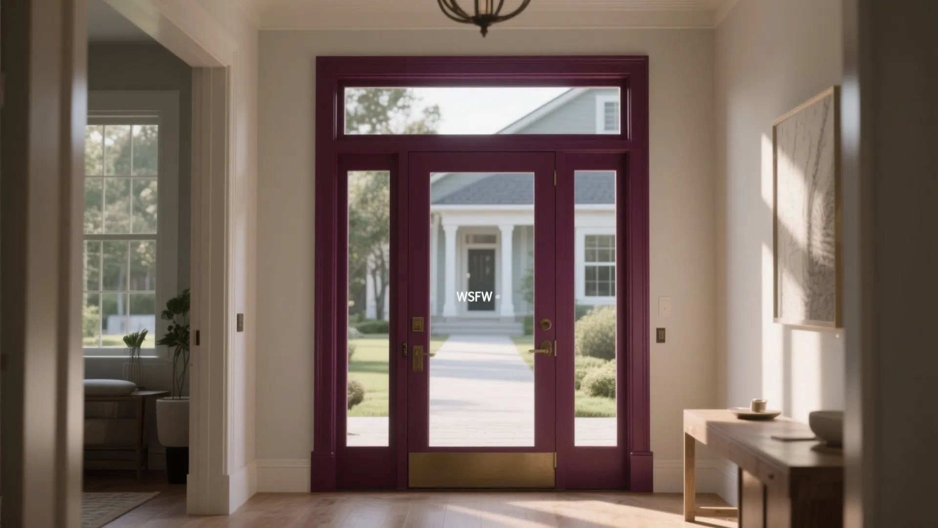 Interior view looking at a purple glass front door with side windows and light wooden floor