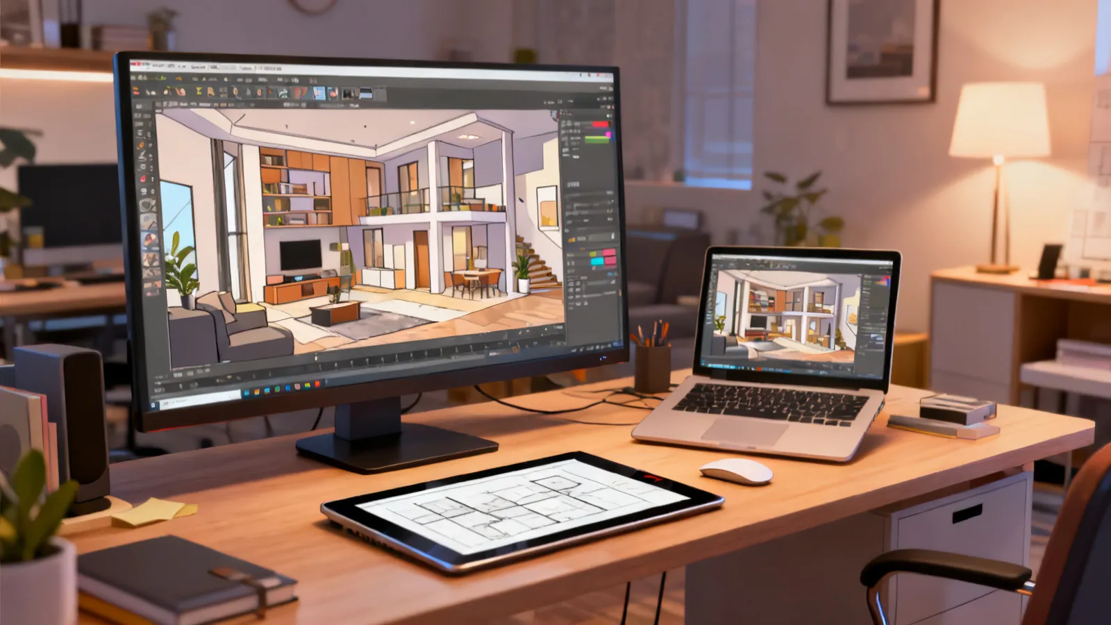 interior designer creating a 3D home render on computer