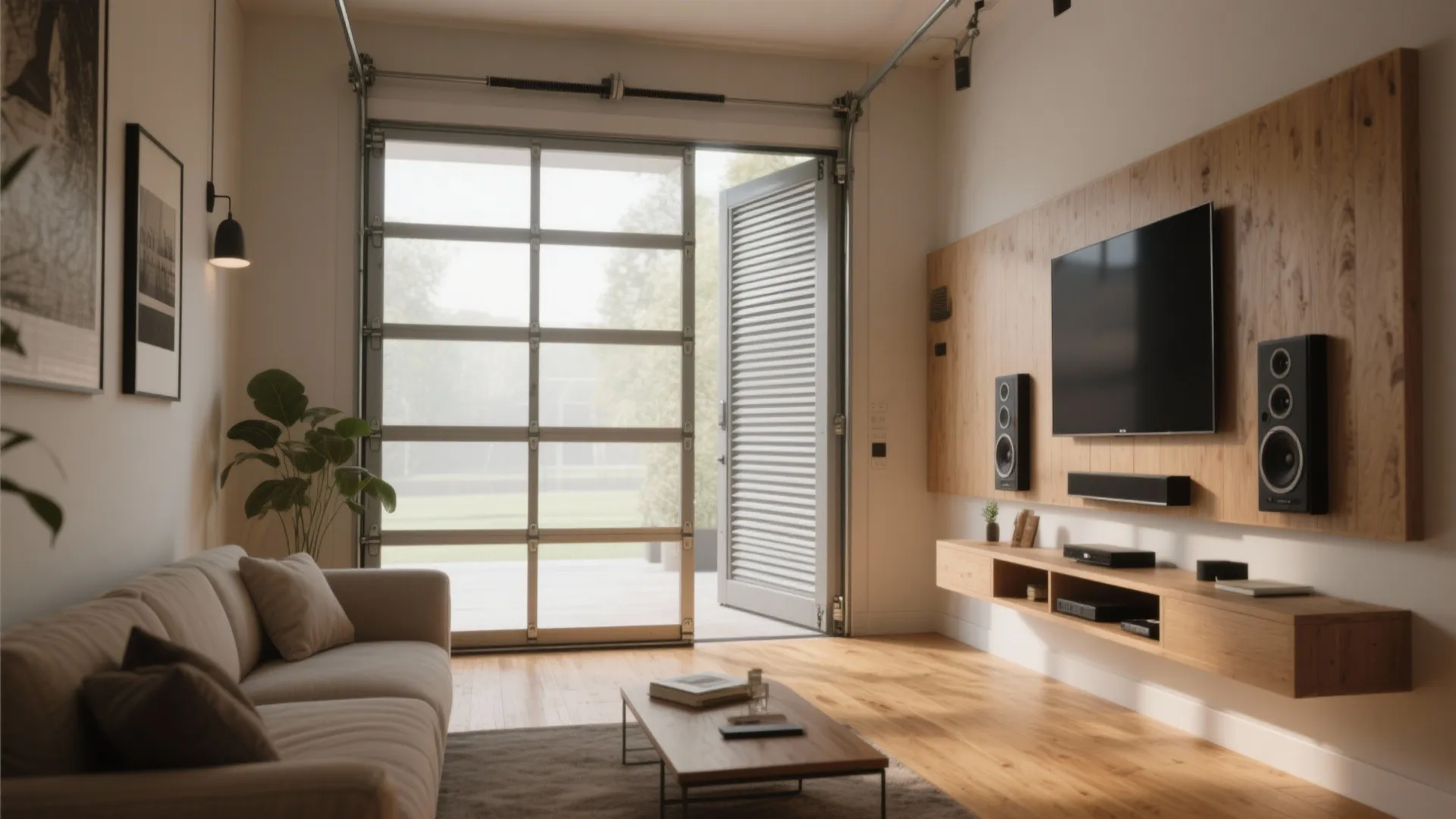 Bright living room featuring a wall mounted television on wood panels and open glass door