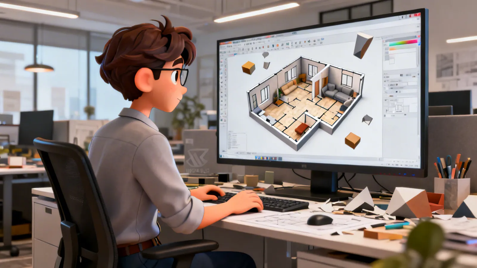 Diseñador revisando distribución de un apartamento en plano 3D