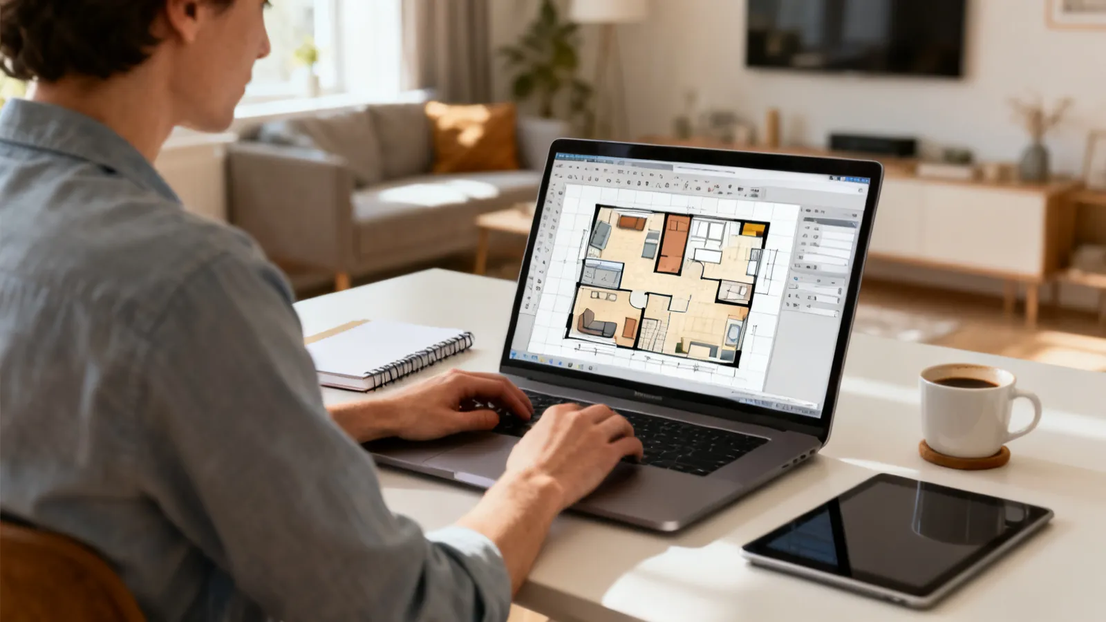 designer planning home layout on laptop with digital floor plan software