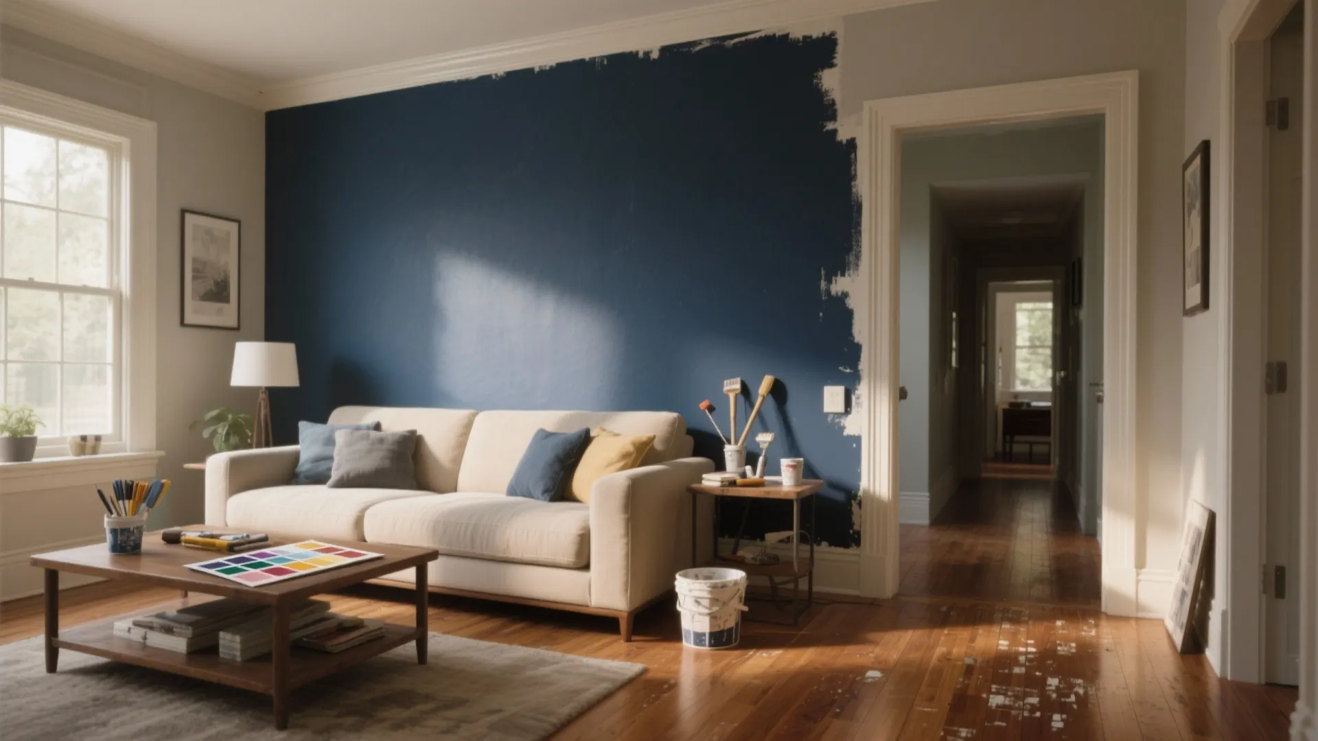 Living room renovation with a navy blue accent wall being painted behind a beige sofa