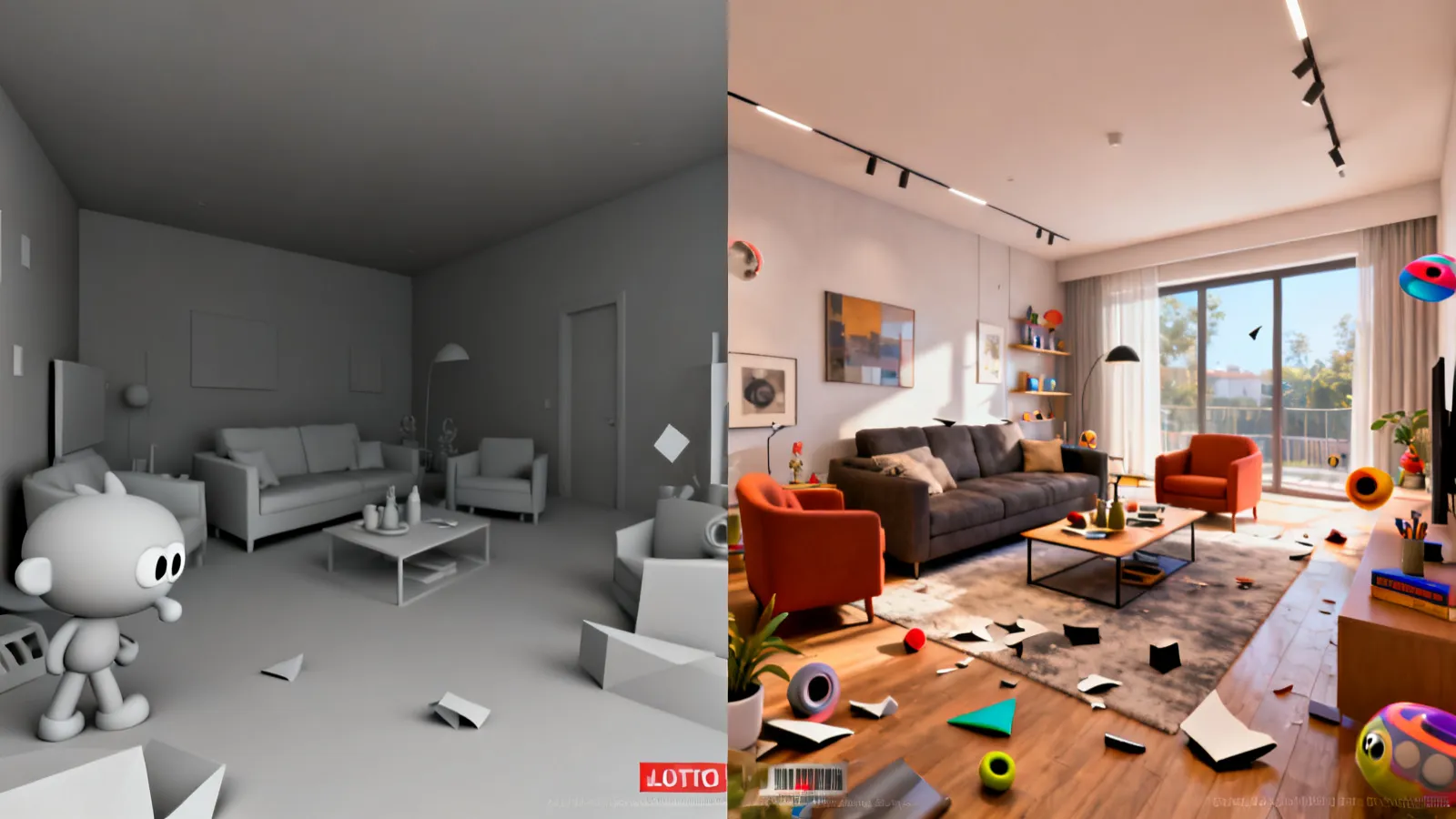 comparison of raw 3D model and photorealistic interior render