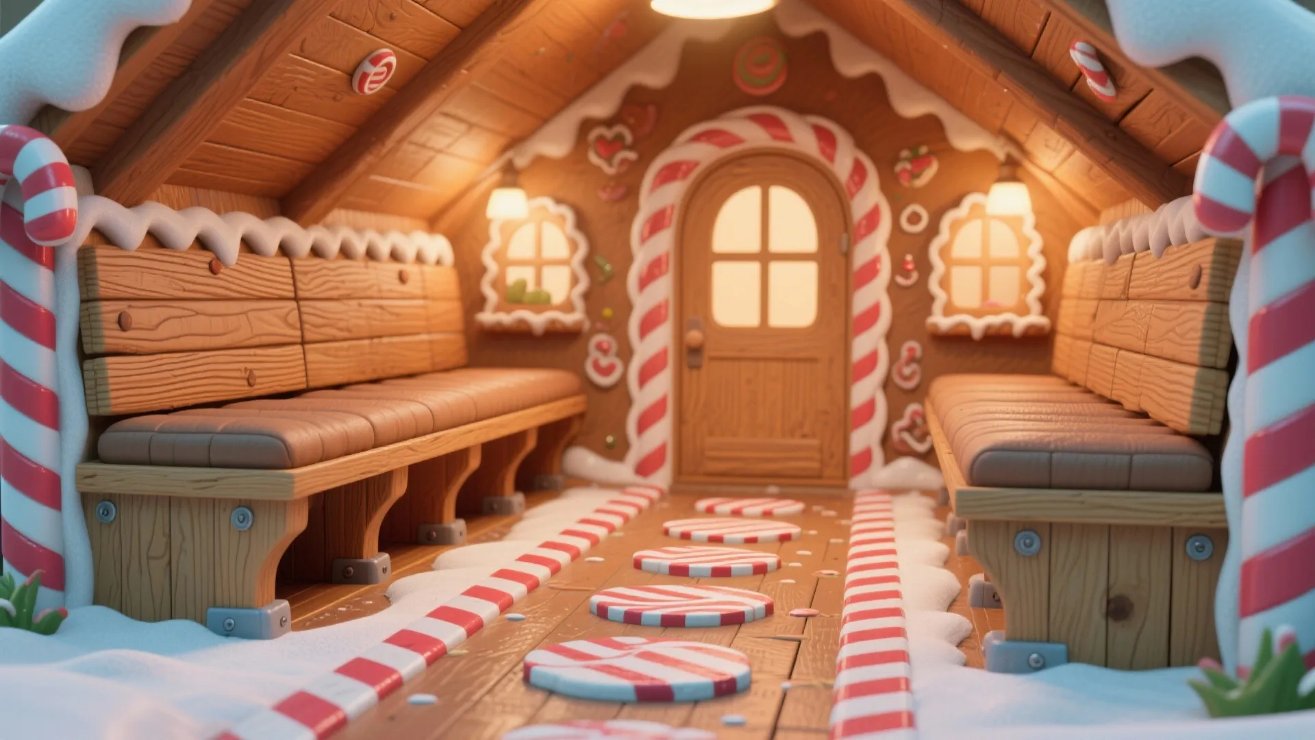 Interior of a gingerbread house with wooden benches red and white candy paths and snow
