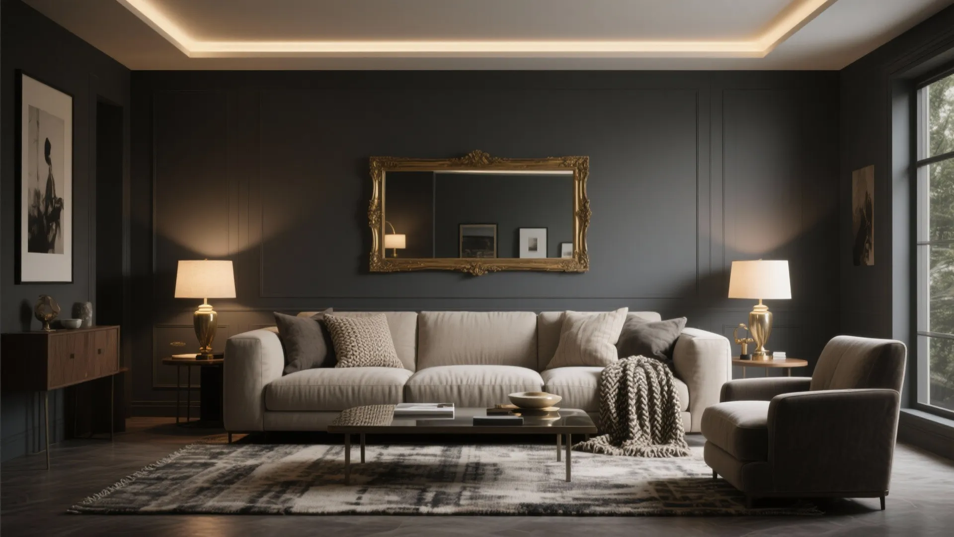 Interior living room with dark gray walls balanced by natural textiles, mirrors, and layered warm lighting.