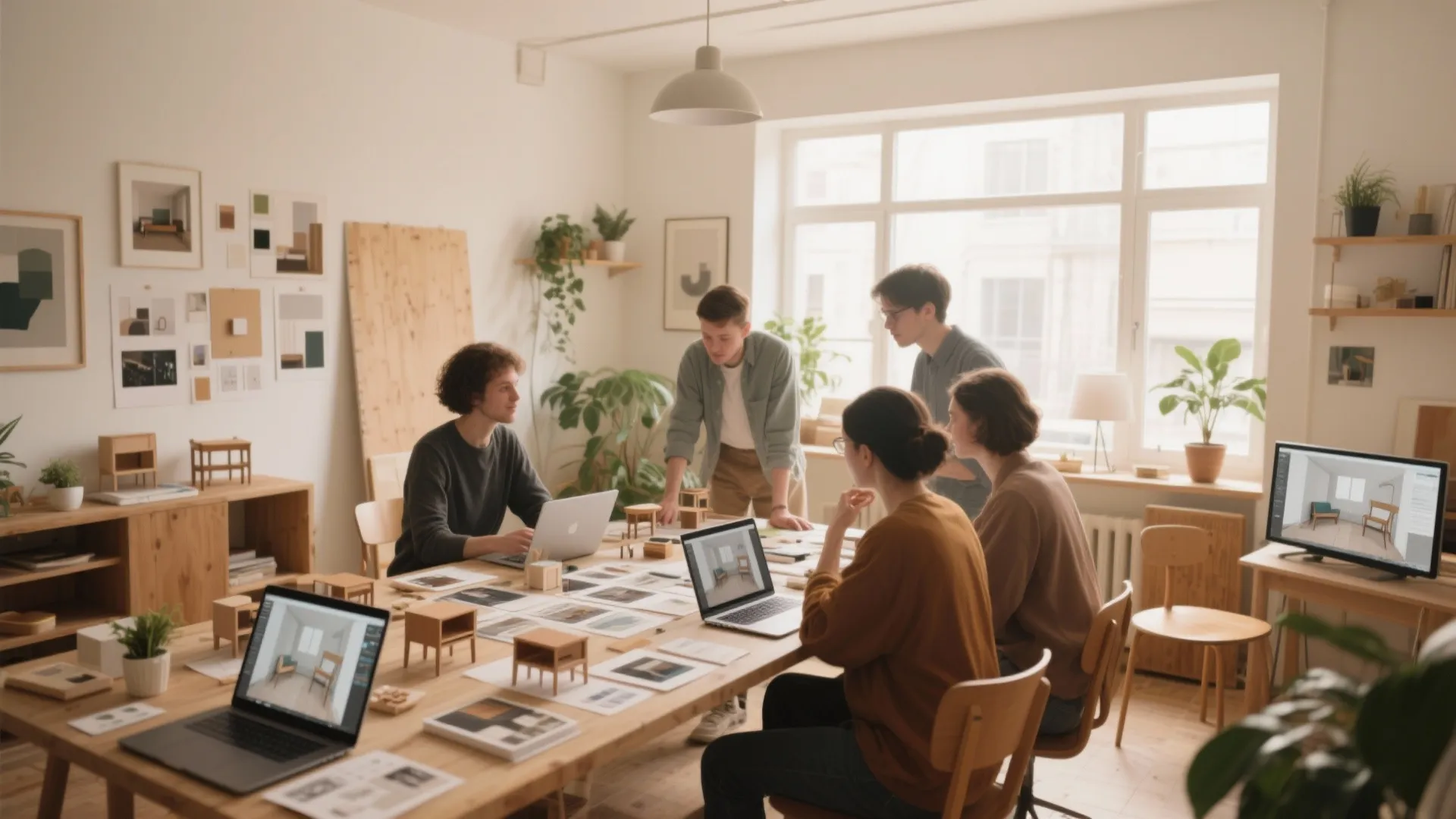 Team of designers working in a bright studio with laptops furniture models and interior design drawings