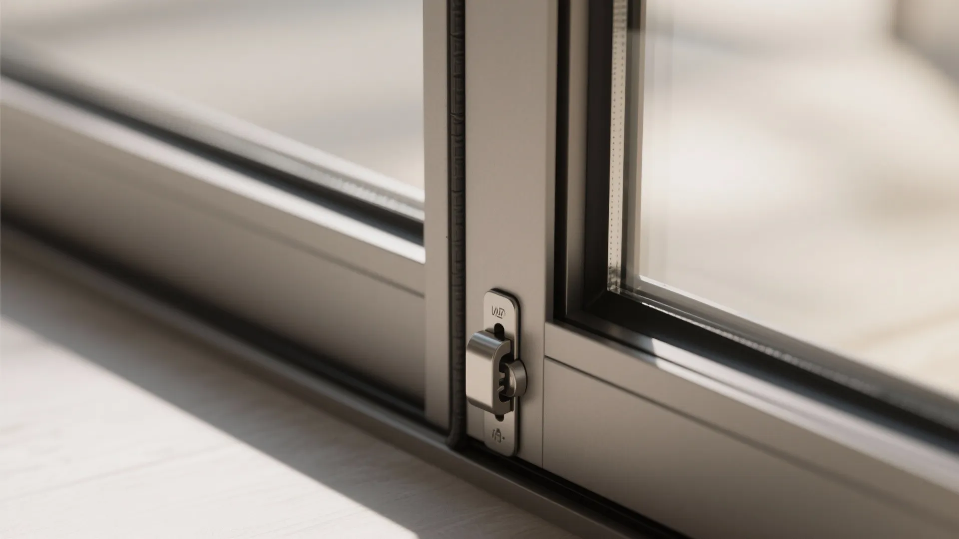 Close up of a metal lock on a glass sliding door with grey aluminum frame design