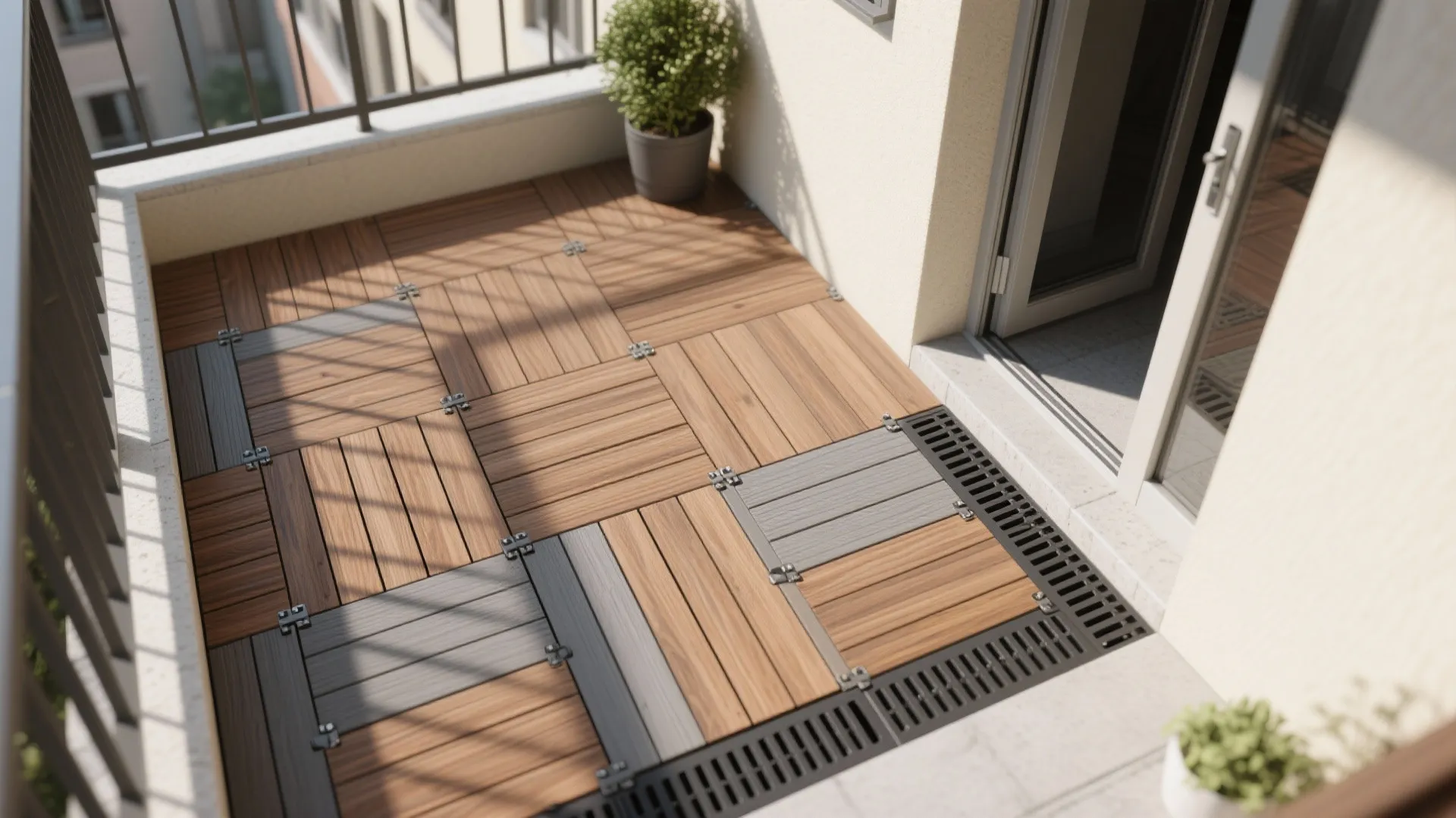 Balcony floor with interlocking wood and grey tiles next to an open glass sliding door