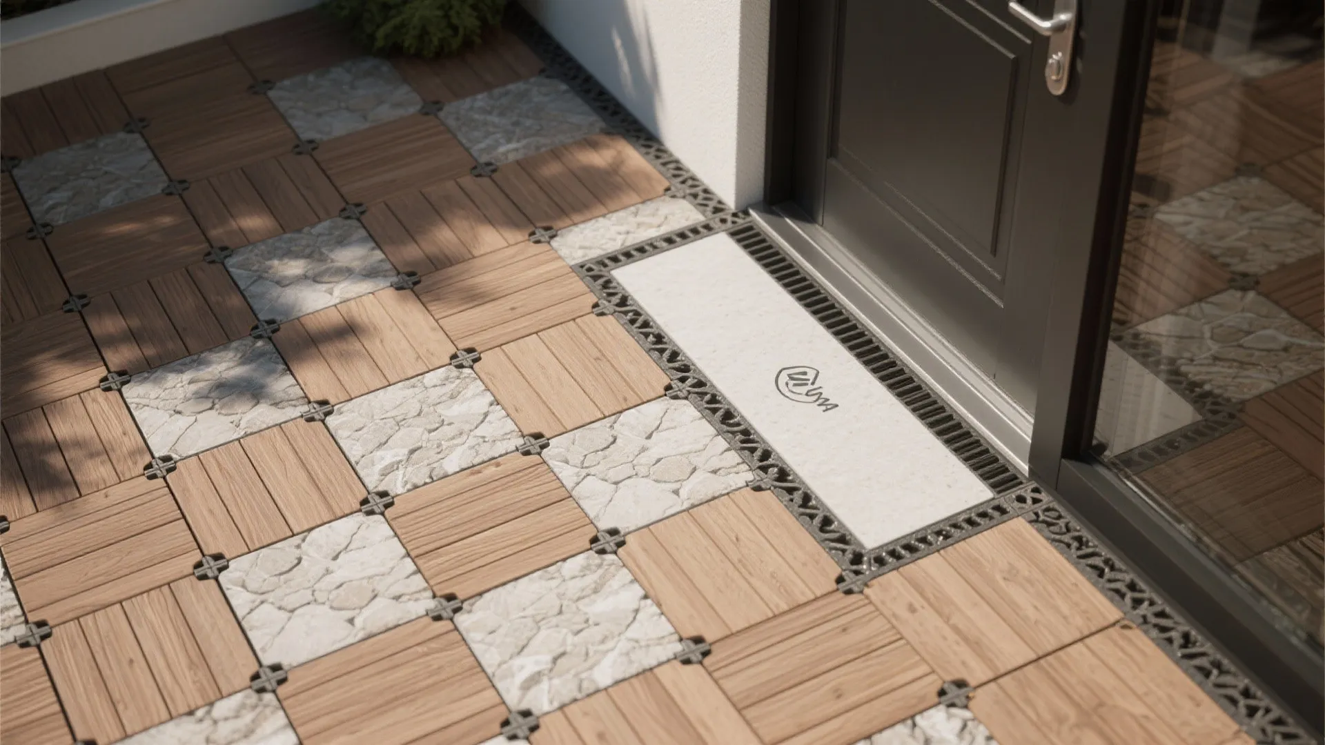 Top-down layout of interlocking deck tiles with perimeter trims and ramps.
