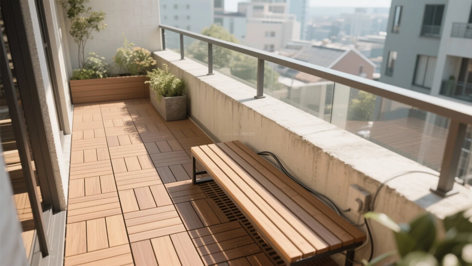 Interlocking composite deck tiles on a small balcony with warm tones.