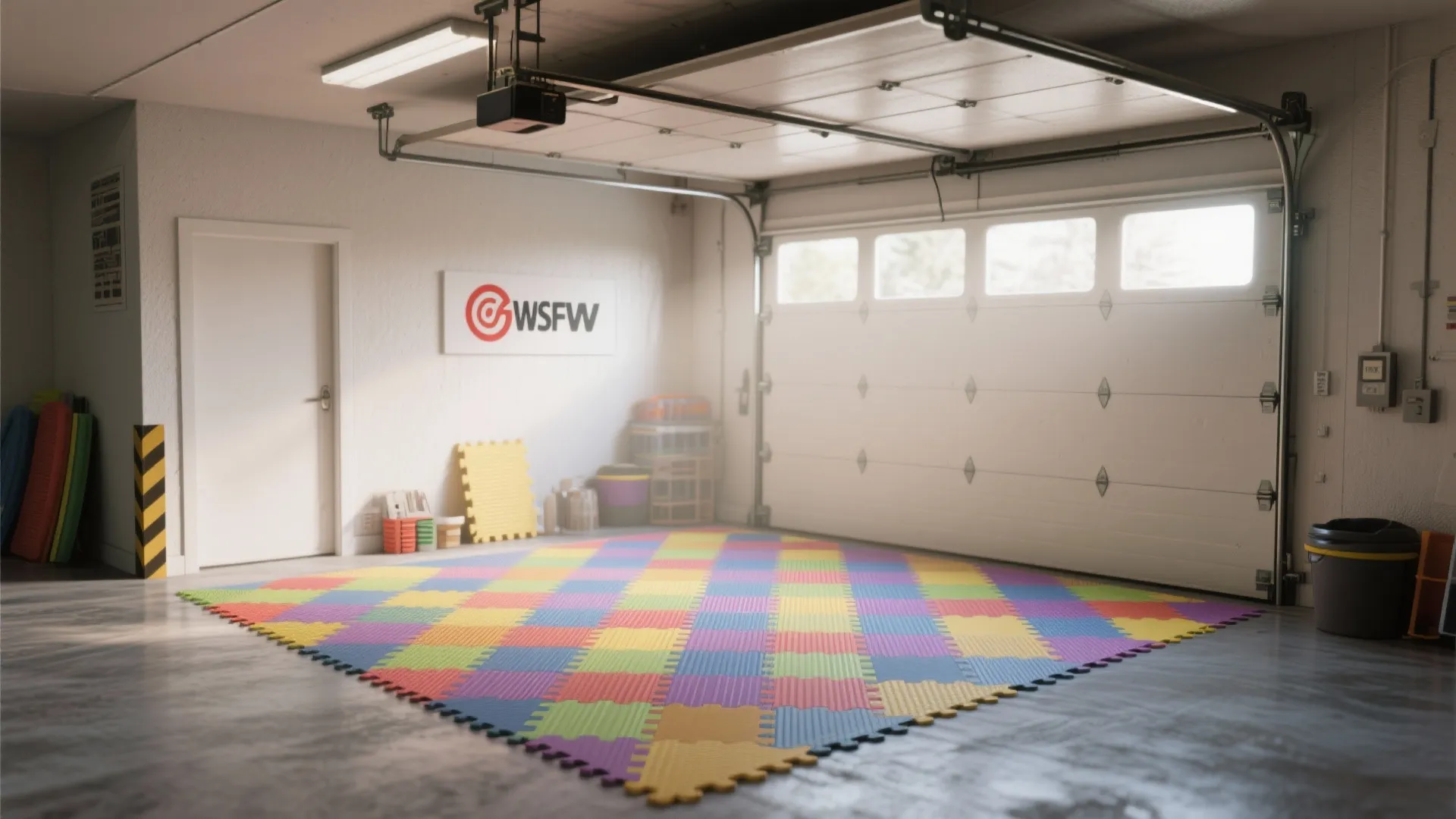 Bright colorful square floor mats arranged in a diamond pattern inside a clean white garage