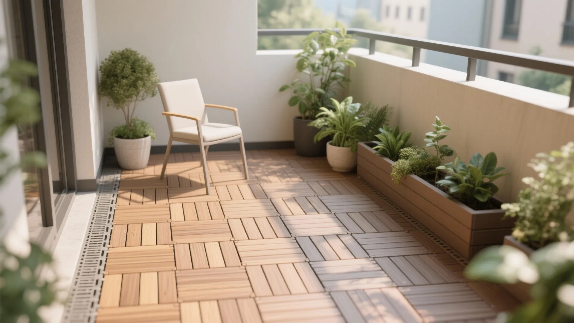 Small balcony with composite interlocking deck tiles in mixed patterns beside planters.