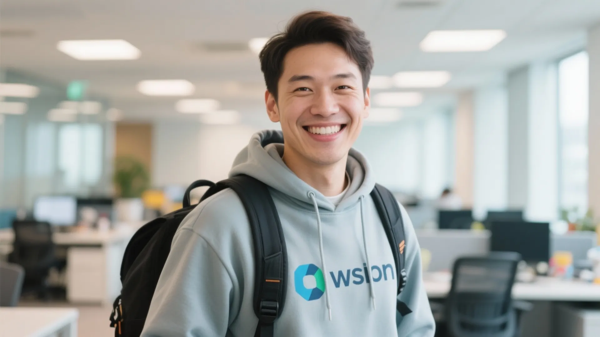 Enthusiastic office worker with backpack and hoodie